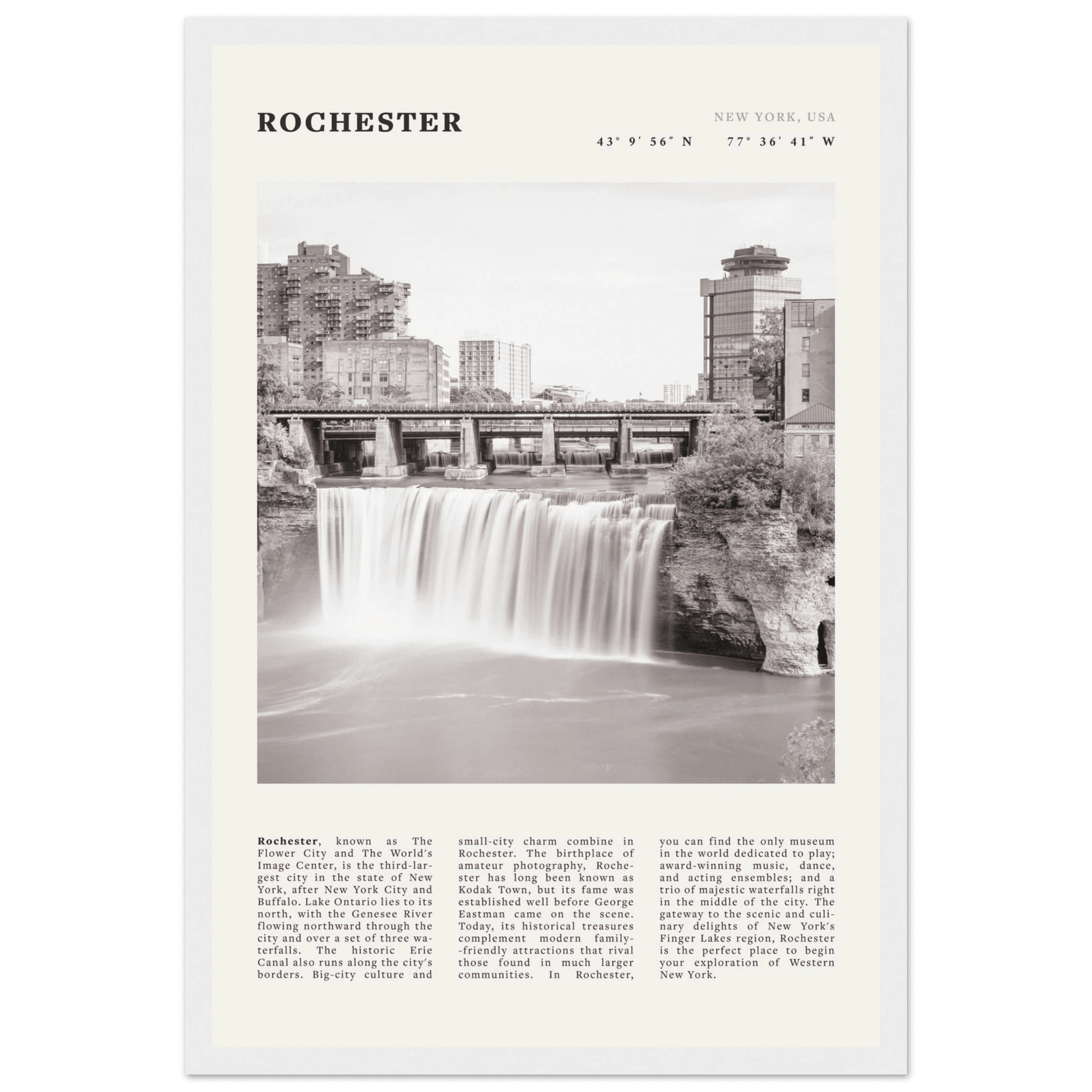 Rochester Poster | Black & White High Falls Wall Art | New York Travel Print - Evergreen Posters