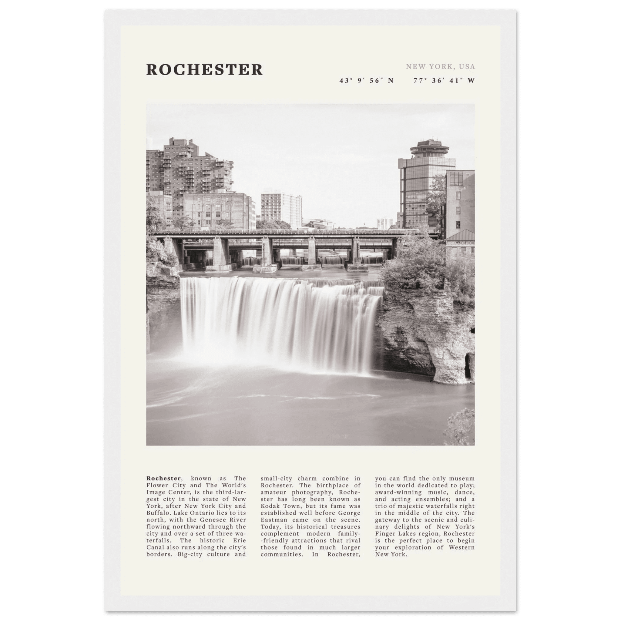 Rochester Poster | Black & White High Falls Wall Art | New York Travel Print - Evergreen Posters