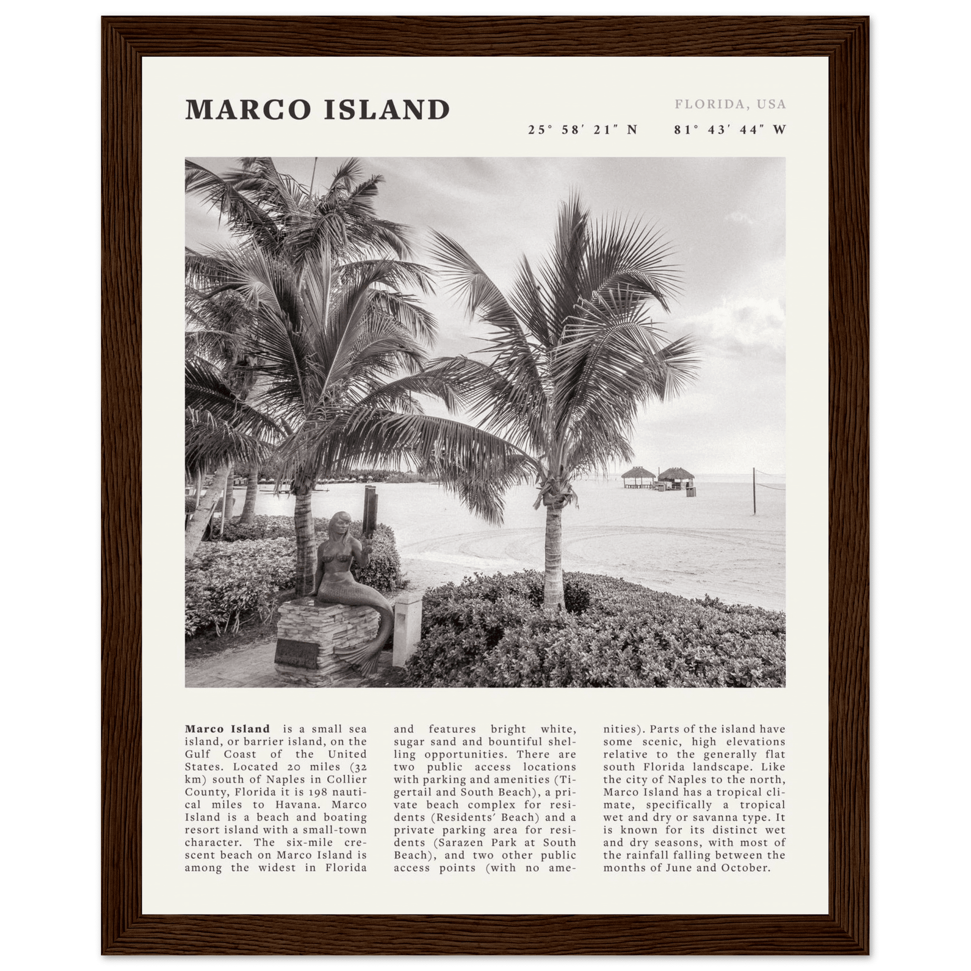 Marco Island Poster | Black & White Florida Beach Wall Art | Coastal Travel Print - Evergreen Posters