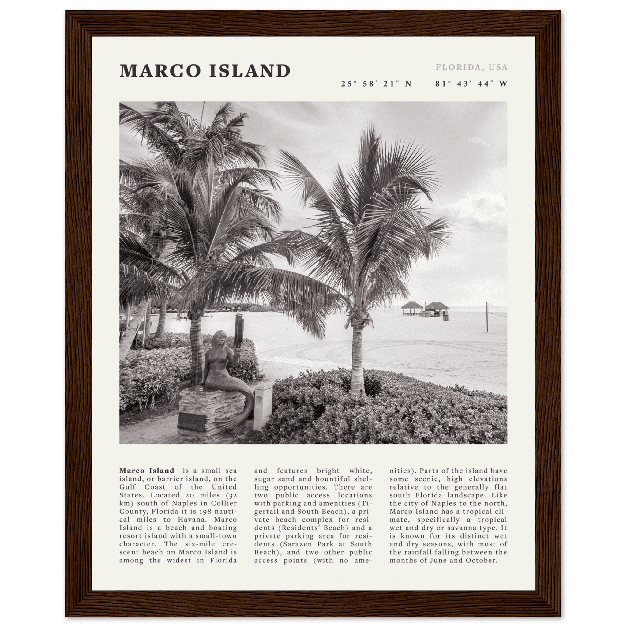 Marco Island Poster | Black & White Florida Beach Wall Art | Coastal Travel Print - Evergreen Posters