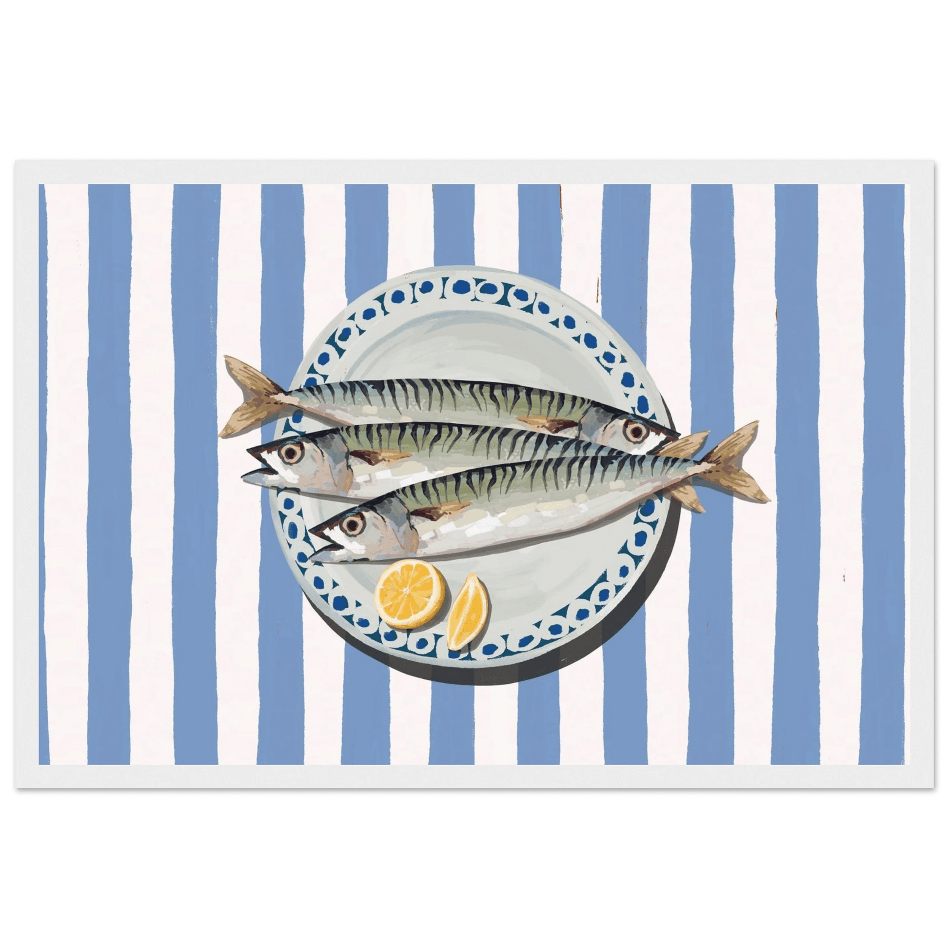 Sardines Print | Blue Stripe Fish Kitchen Wall Art | Coastal Food Poster - Evergreen Posters