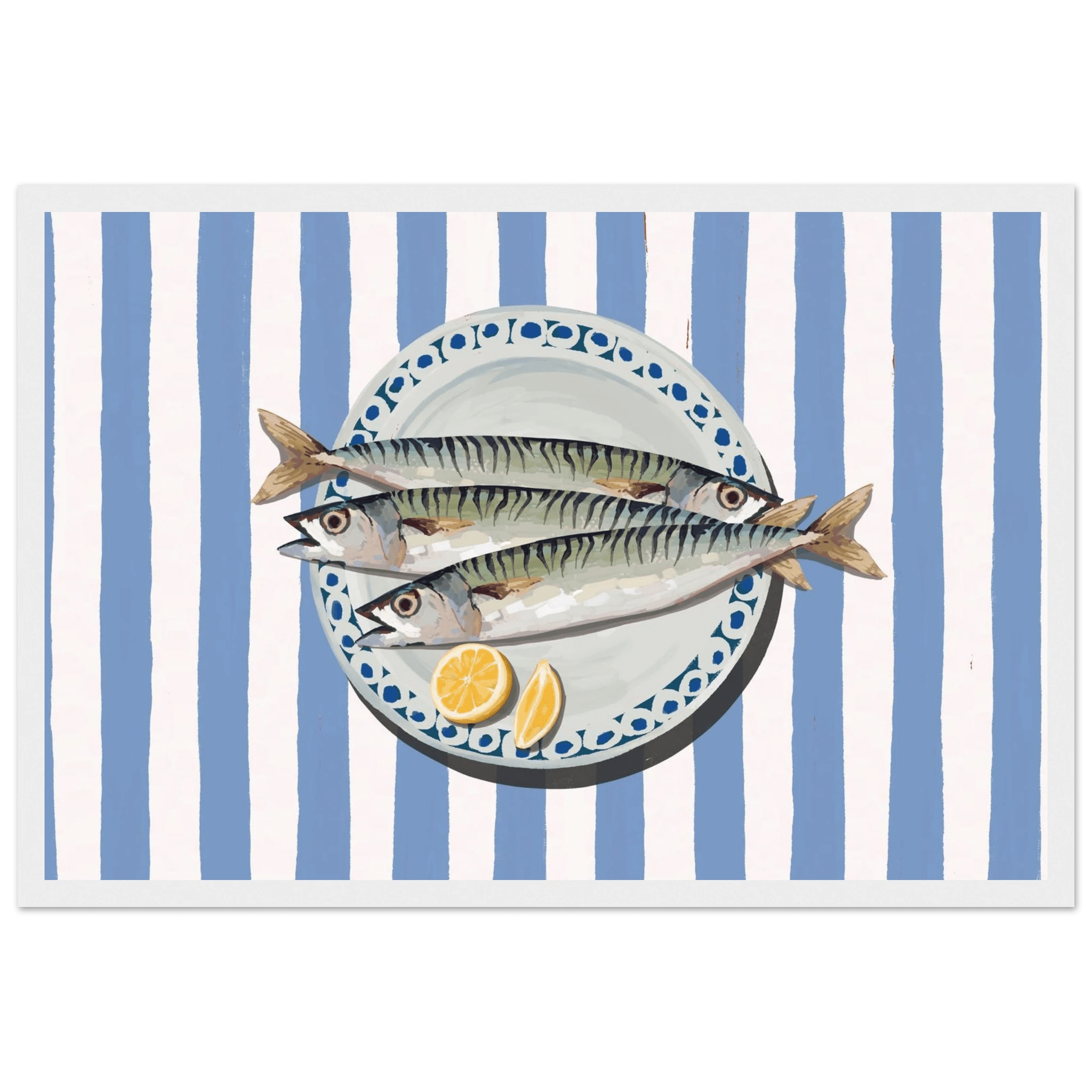 Sardines Print | Blue Stripe Fish Kitchen Wall Art | Coastal Food Poster - Evergreen Posters