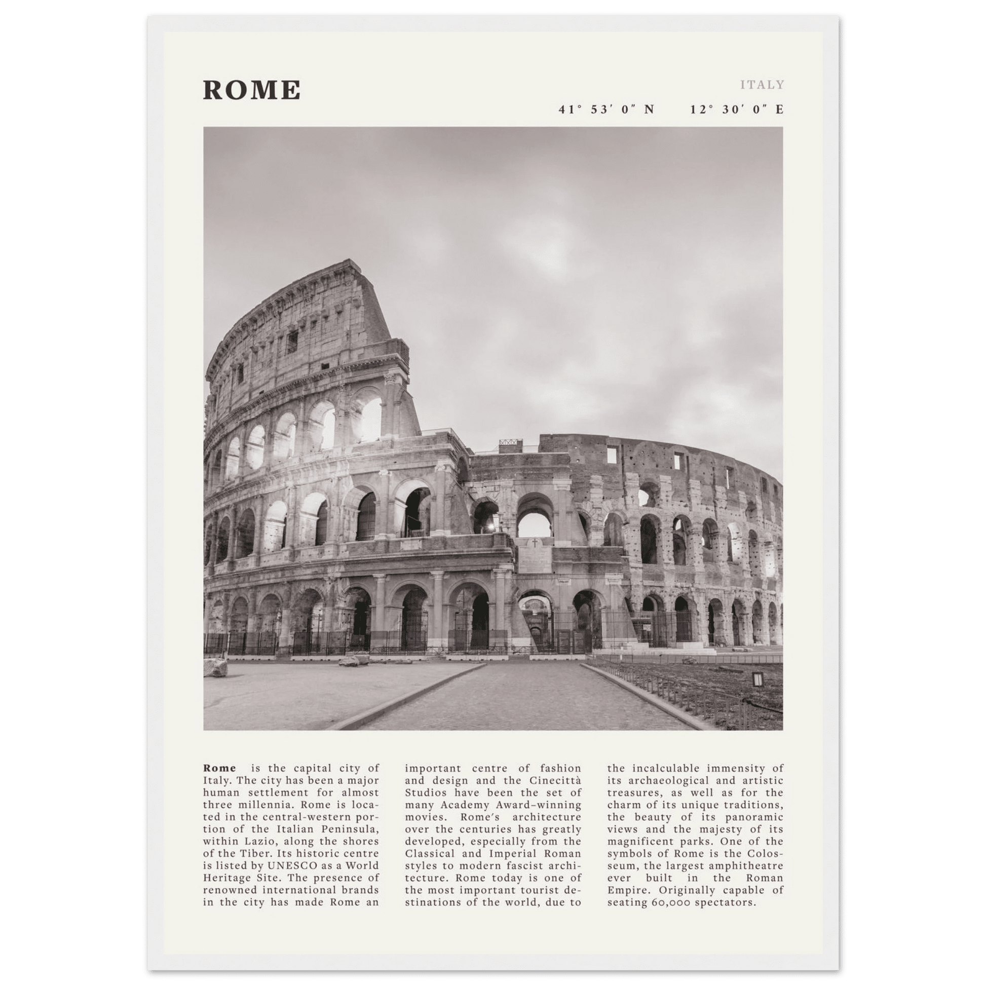 Rome Poster | Black & White Colosseum Wall Art | Italy Travel Print | Roman Decor - Evergreen Posters