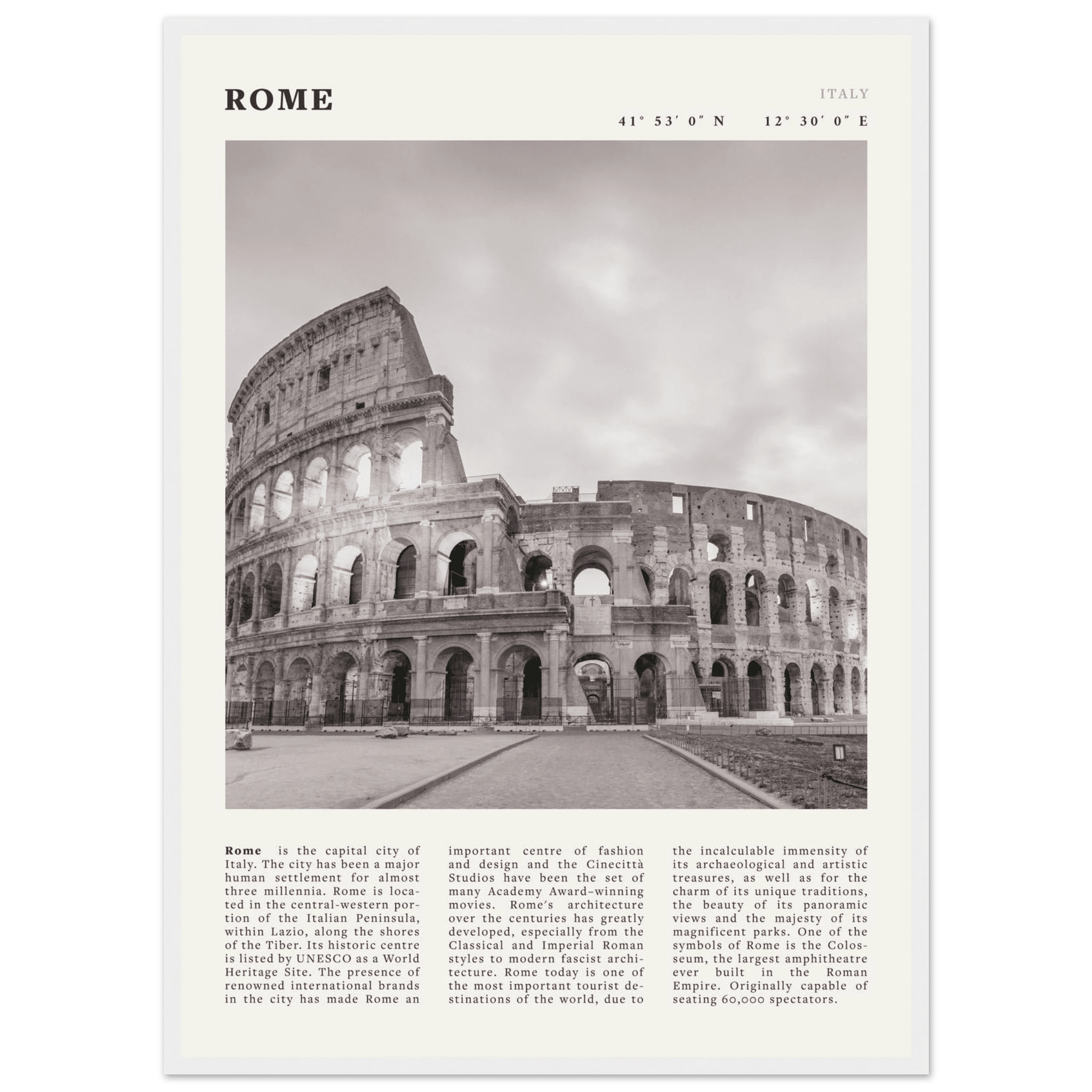 Rome Poster | Black & White Colosseum Wall Art | Italy Travel Print | Roman Decor - Evergreen Posters