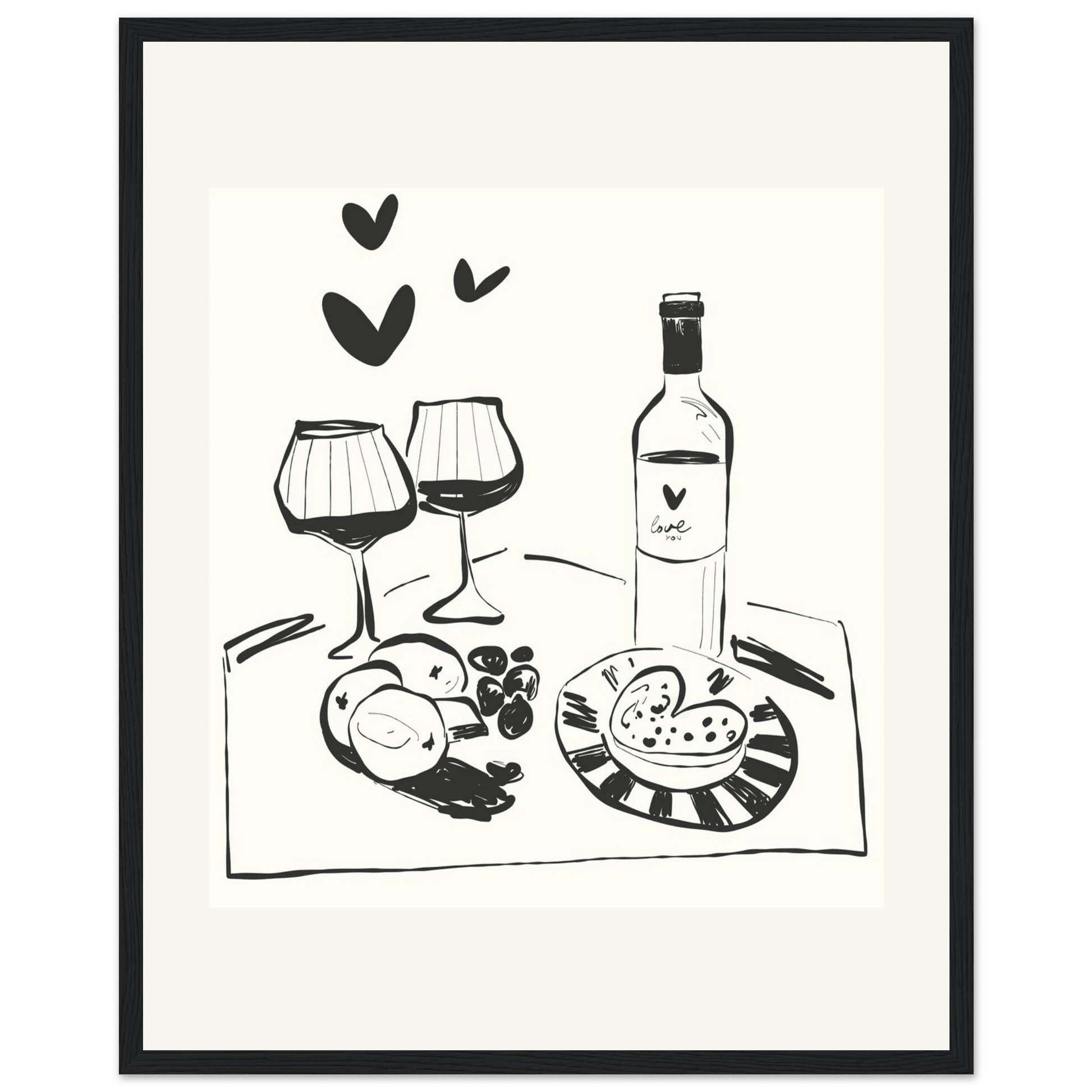 Wine for Two Print | Black Line Art Romantic Kitchen Wall Art | Couples Poster - Evergreen Posters