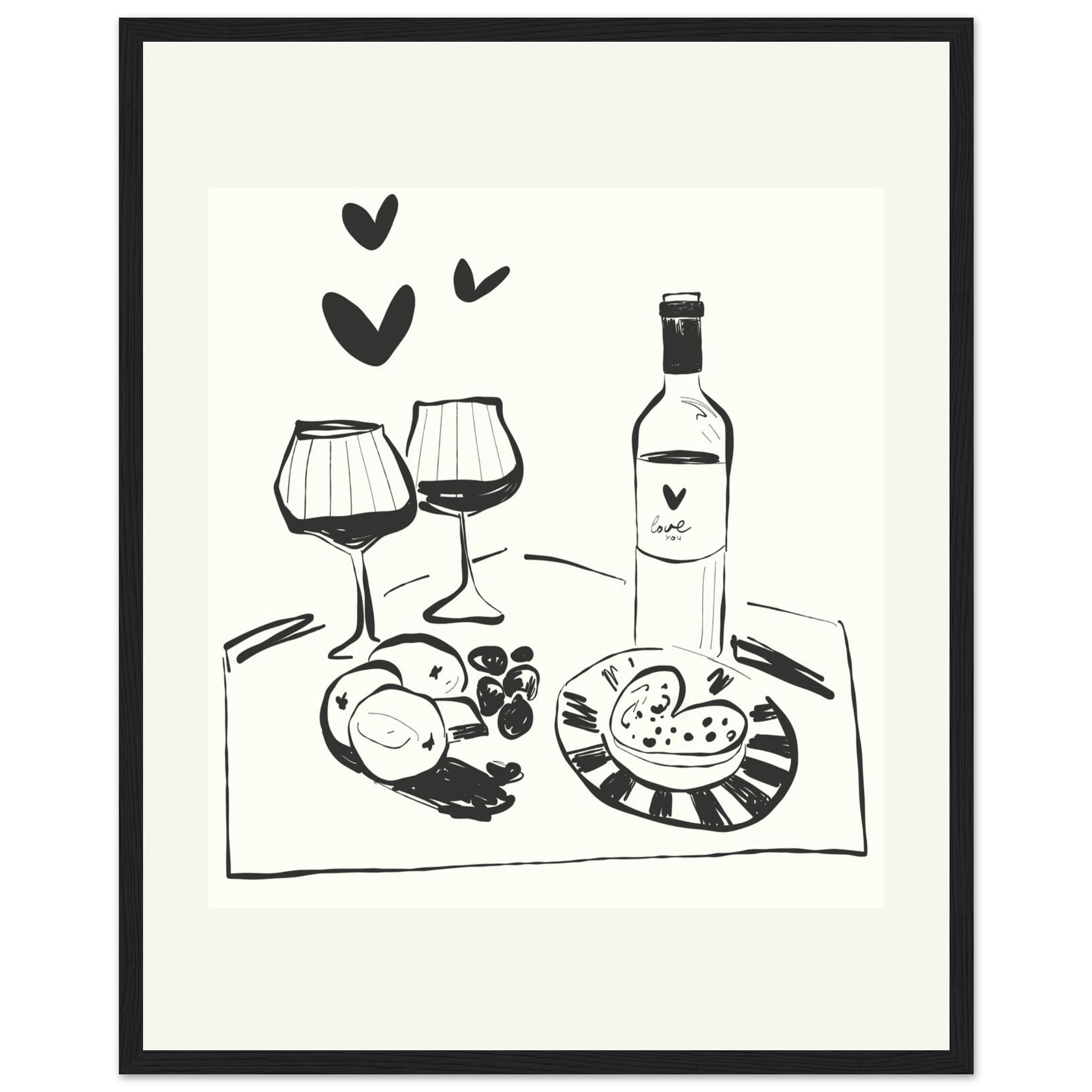 Wine for Two Print | Black Line Art Romantic Kitchen Wall Art | Couples Poster - Evergreen Posters