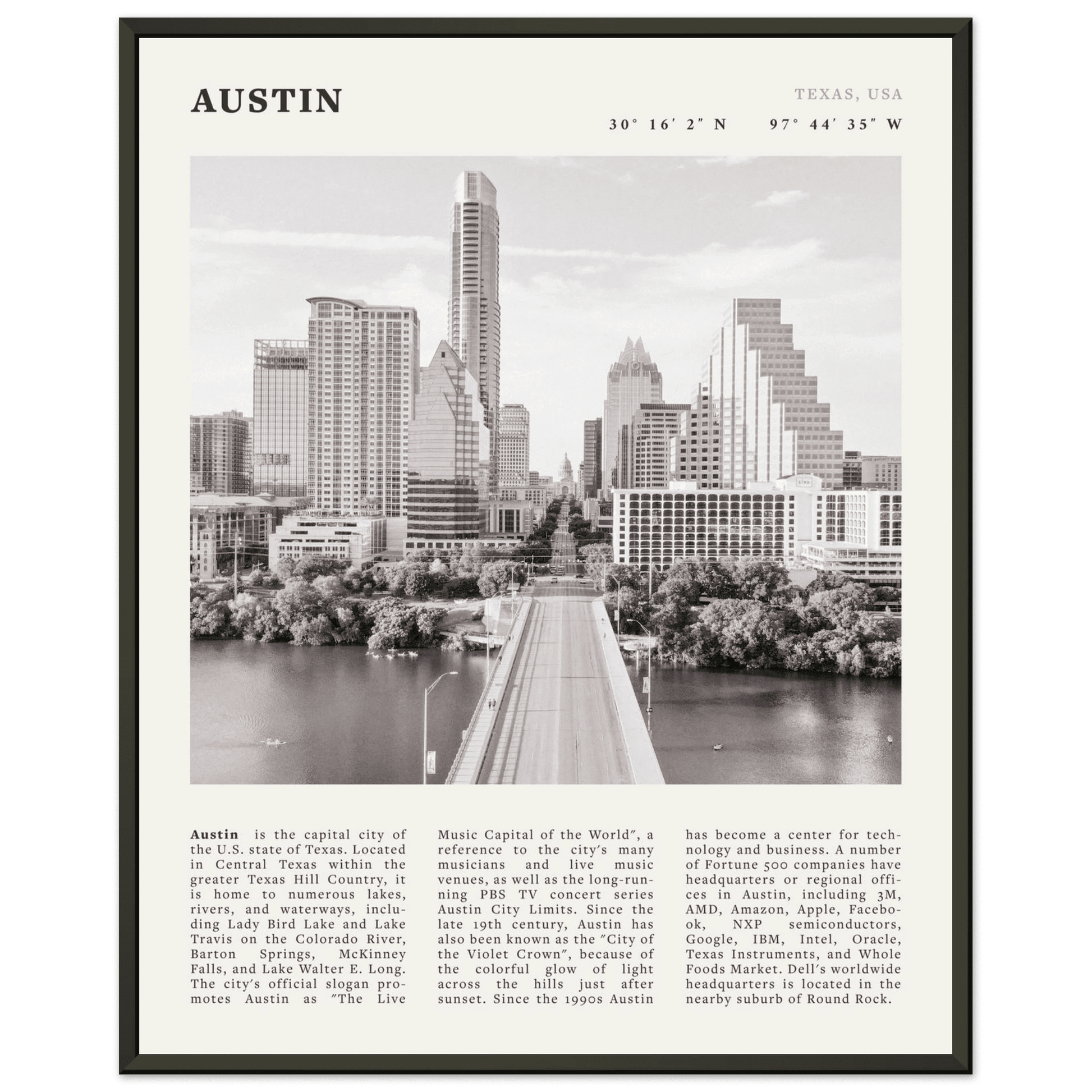 Austin Poster | Black & White Texas Skyline Wall Art | City Travel Print Decor - Evergreen Posters