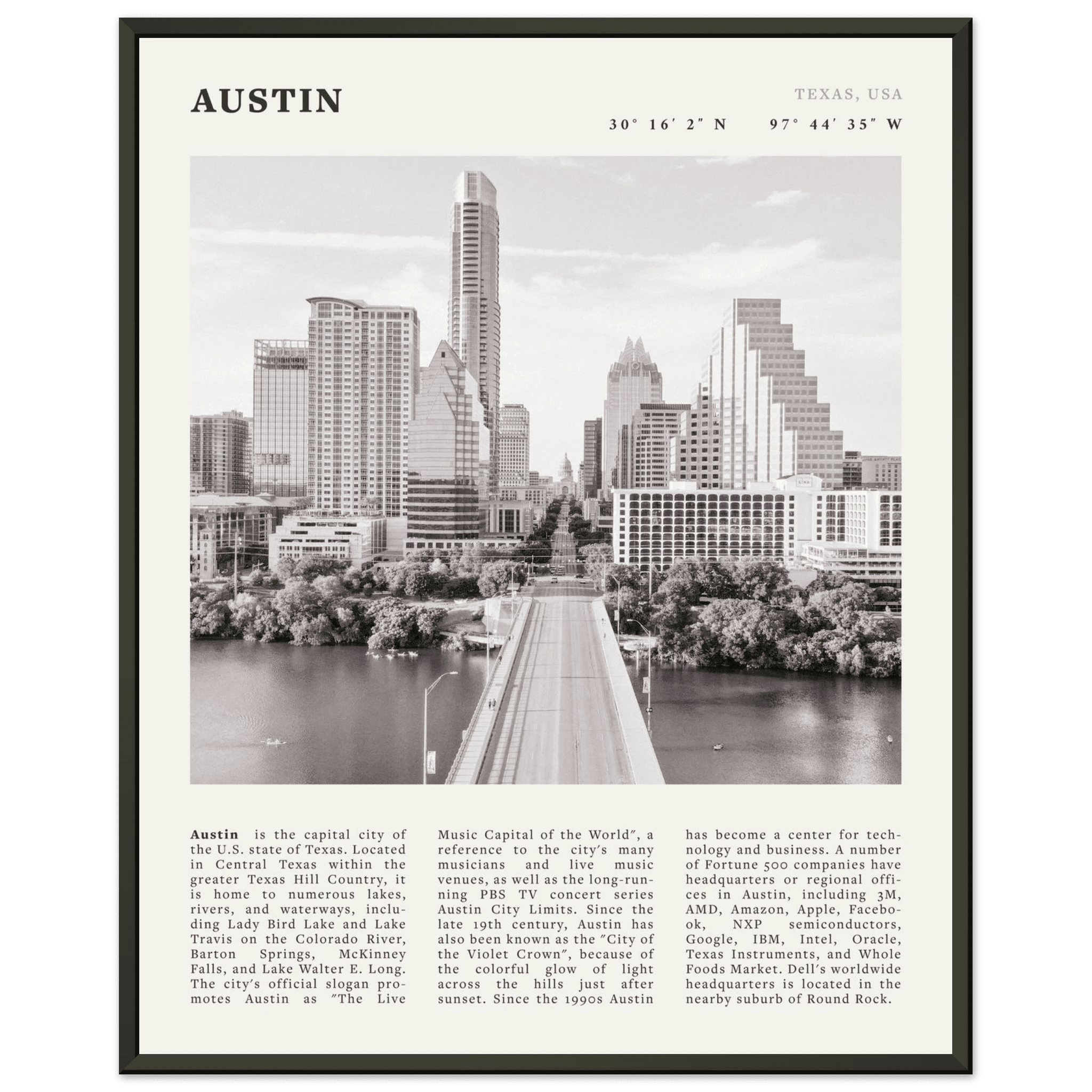 Austin Poster | Black & White Texas Skyline Wall Art | City Travel Print Decor - Evergreen Posters