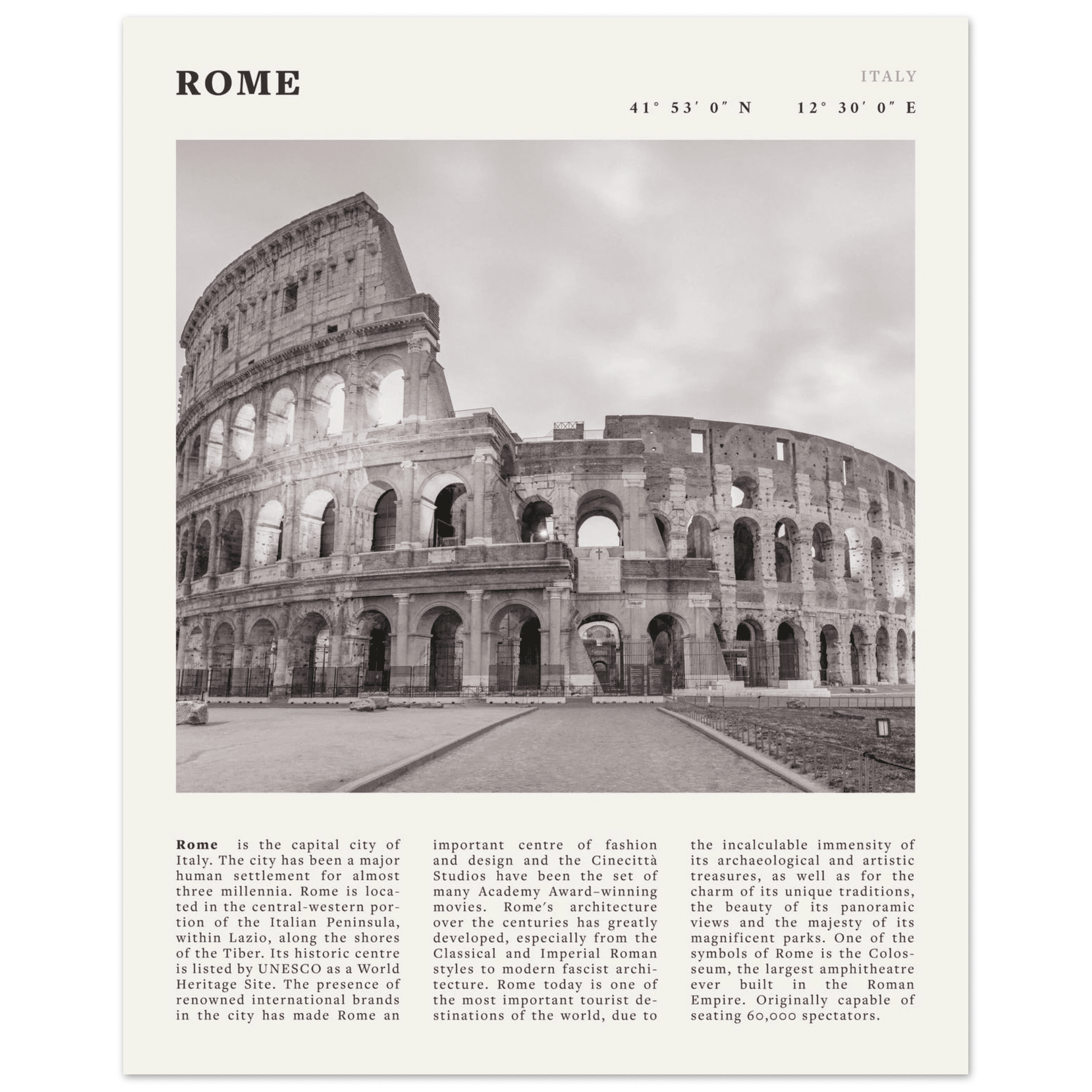 Rome Poster | Black & White Colosseum Wall Art | Italy Travel Print | Roman Decor - Evergreen Posters