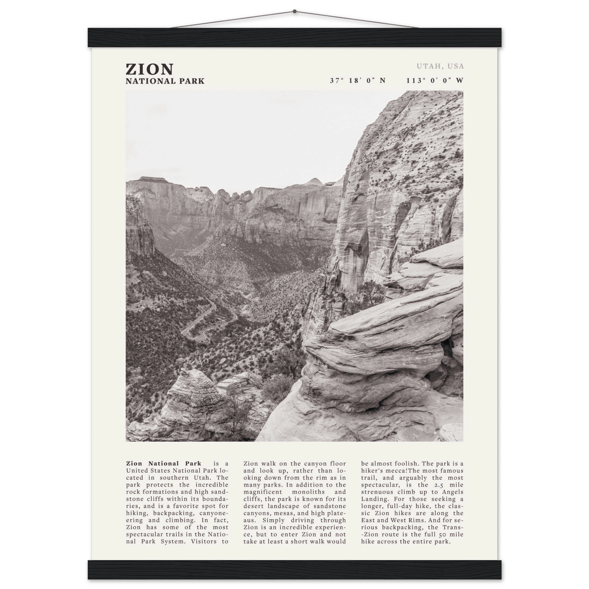 Zion National Park Poster | Black & White Utah Canyon Wall Art | USA Travel Print - Evergreen Posters