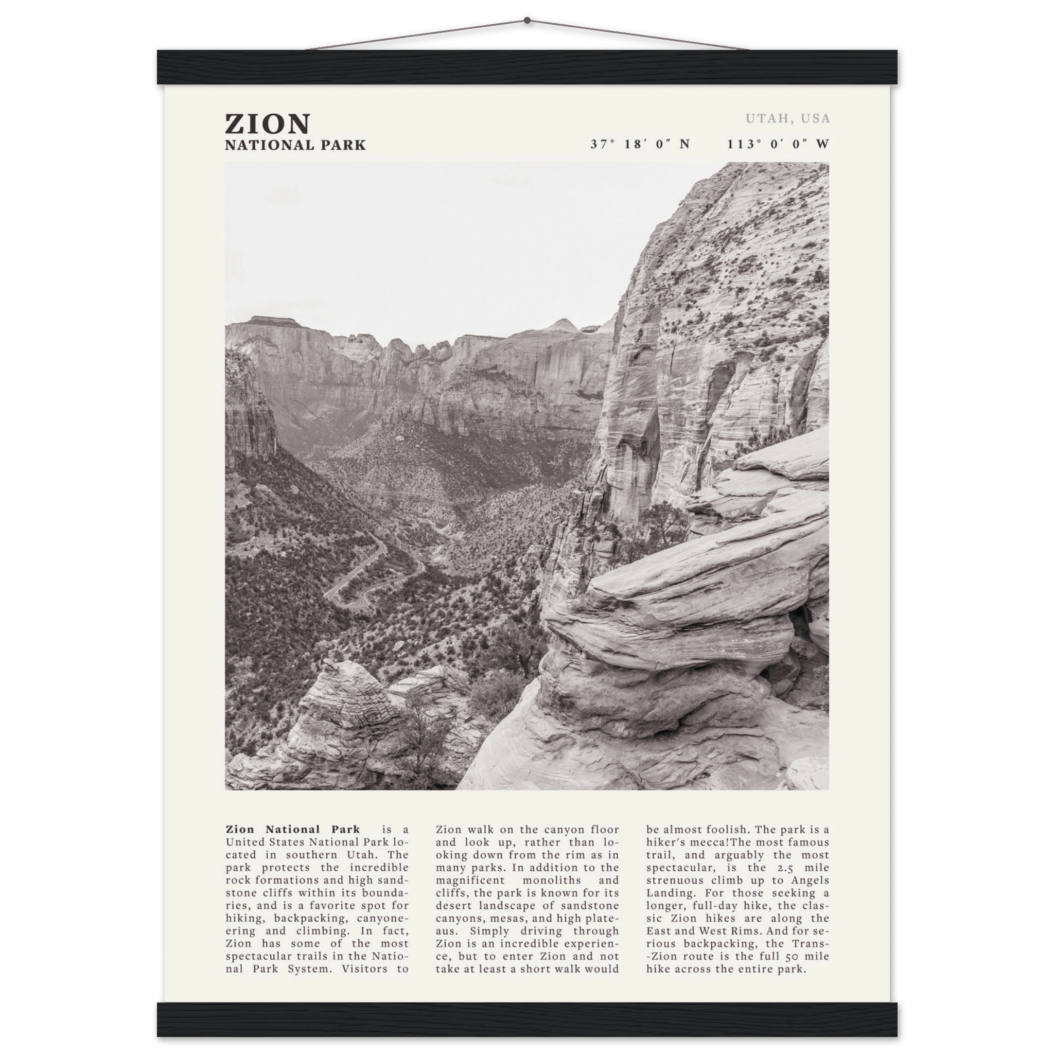 Zion National Park Poster | Black & White Utah Canyon Wall Art | USA Travel Print - Evergreen Posters