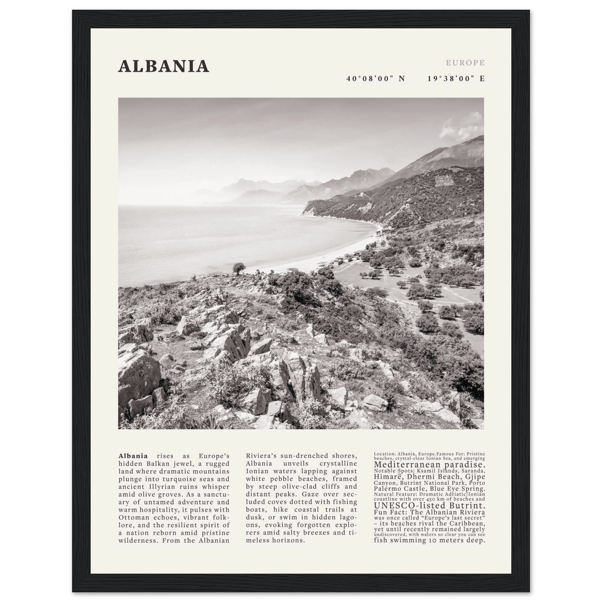 Albania Poster Black and White – Vintage Albanian Riviera Travel Print (Digital & Printed Options) - Evergreen Posters