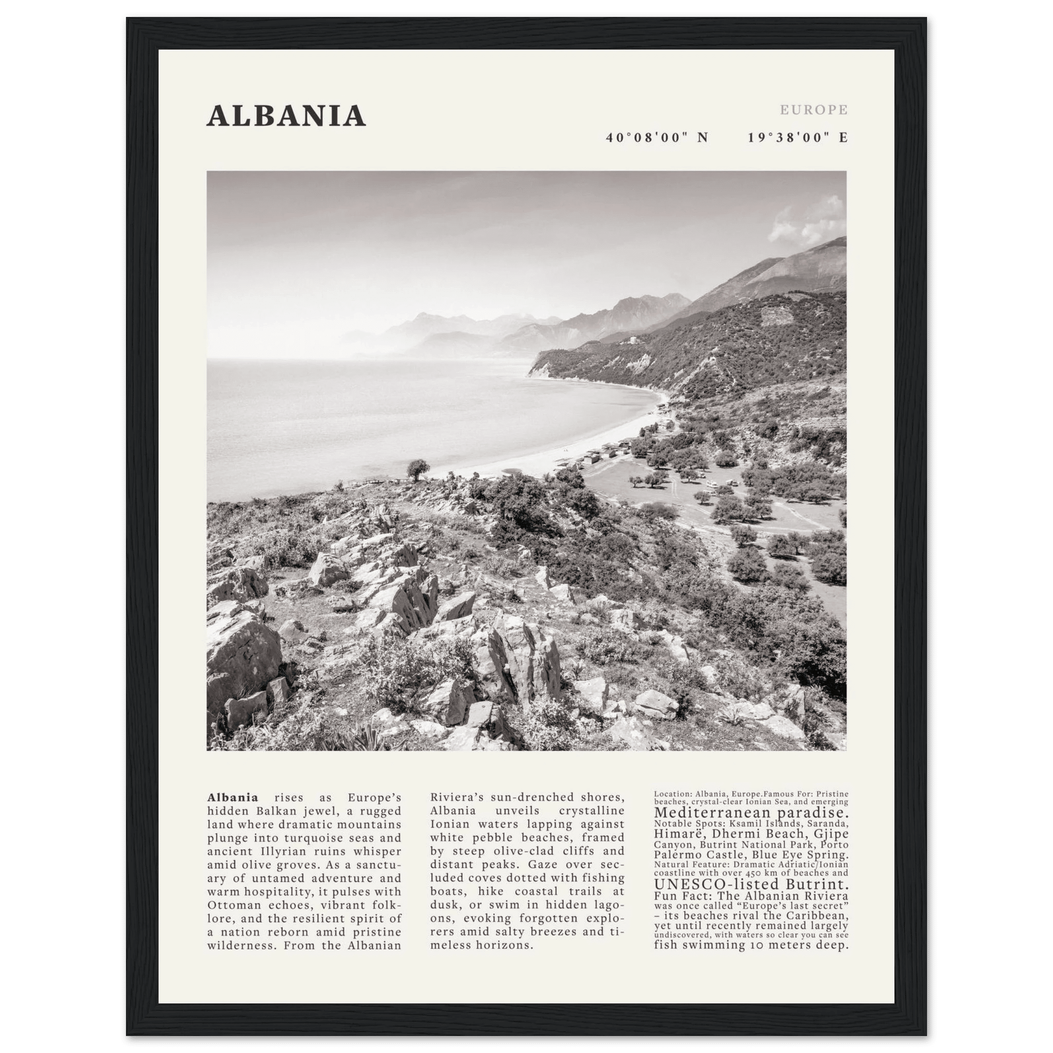 Albania Poster Black and White – Vintage Albanian Riviera Travel Print (Digital & Printed Options) - Evergreen Posters