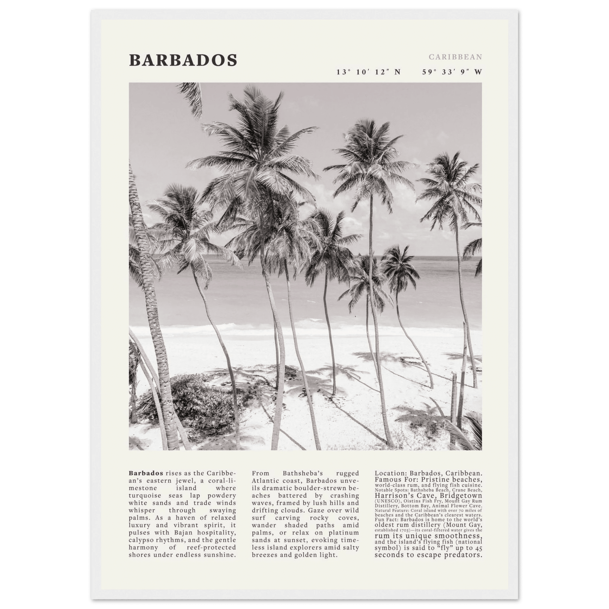 Barbados Poster Black and White – Vintage Caribbean Palm Beach Print (Digital & Printed Options) - Evergreen Posters