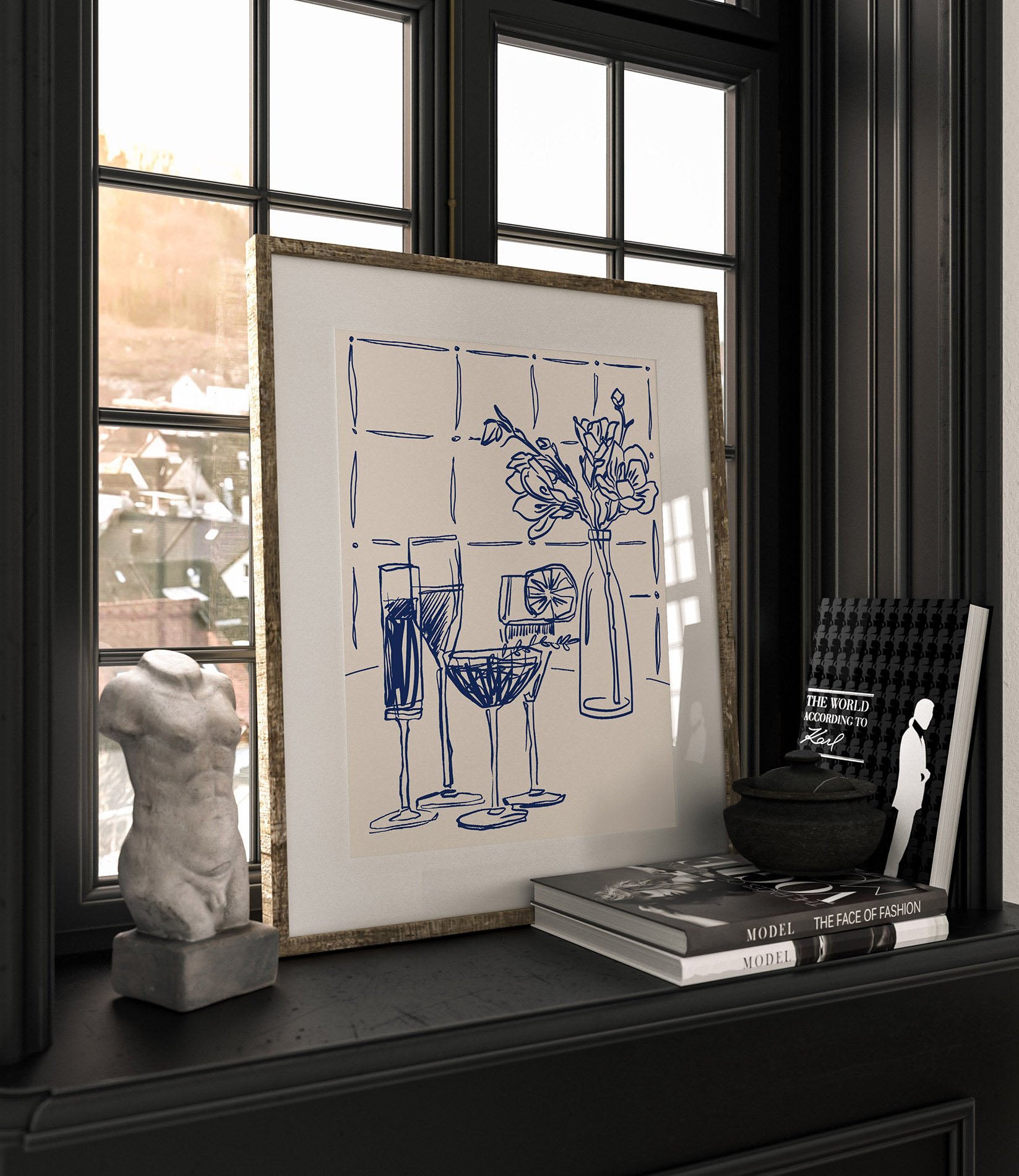 Cocktails & Flowers Print | Navy Blue Line Art Drinks Wall Art | Kitchen Bar Poster - Evergreen Posters