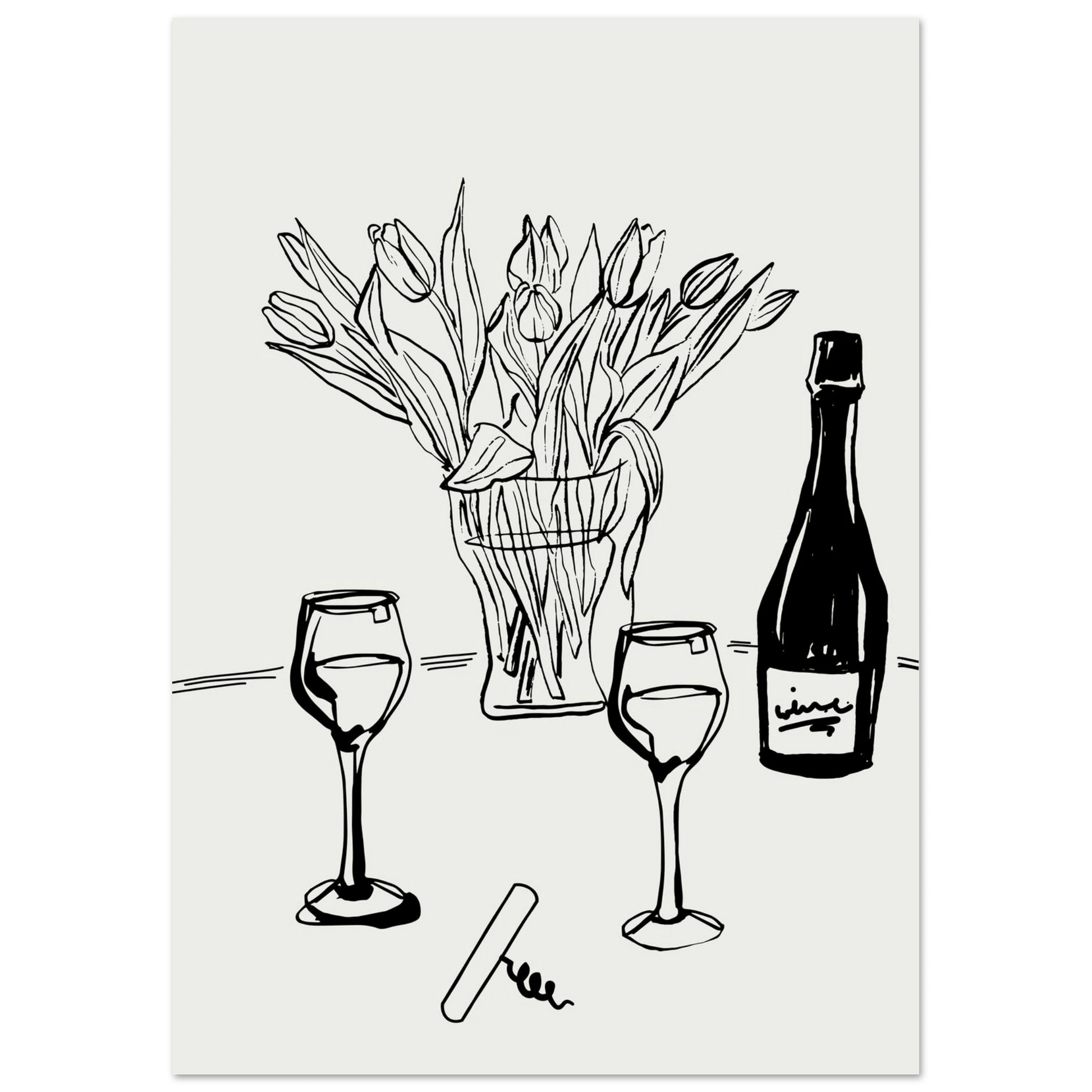 Wine & Tulips Print | Black Line Art Wine Bottle Wall Art | Minimalist Kitchen Poster - Evergreen Posters