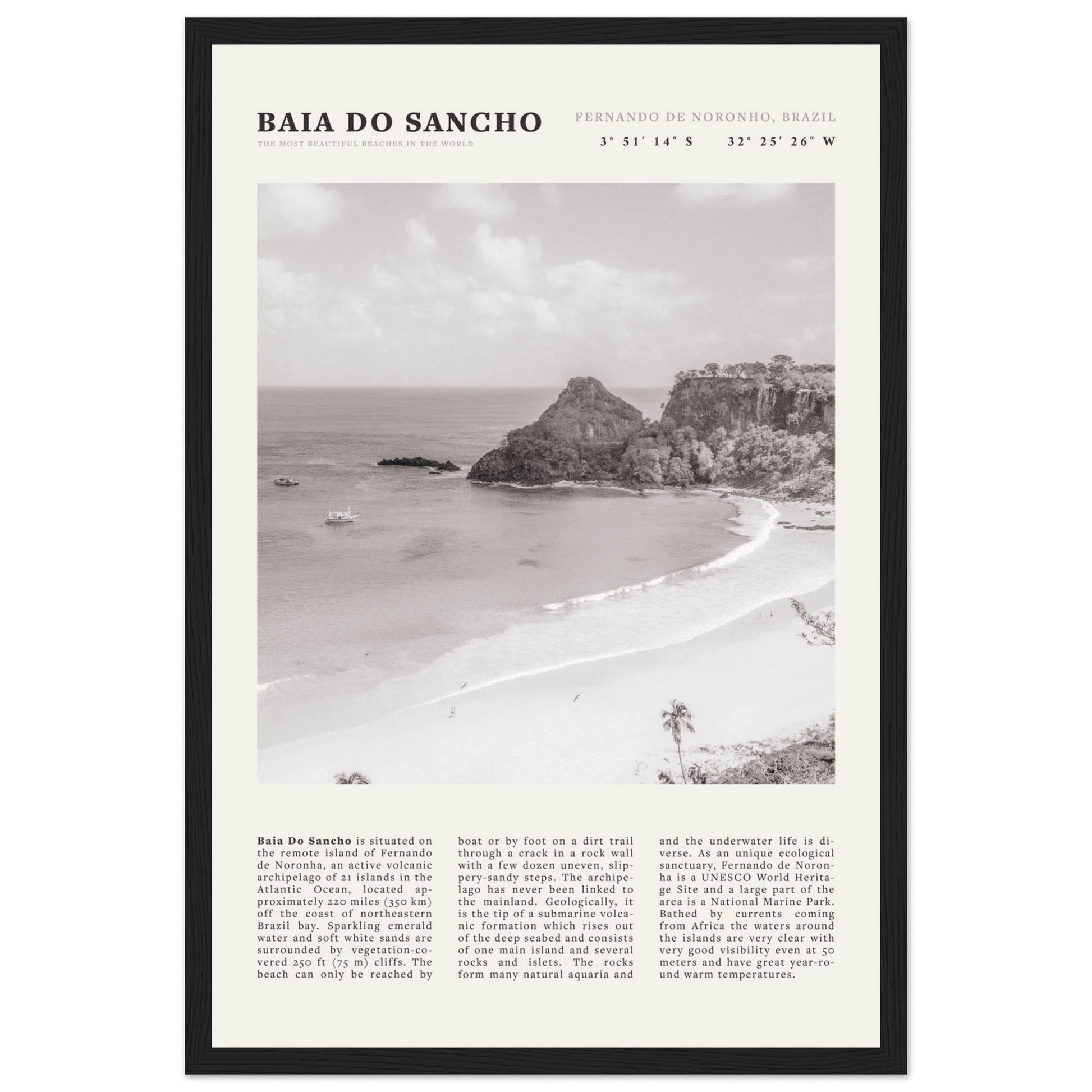 Baia Do Sancho Poster | Black & White Brazil Beach Wall Art | Fernando de Noronha - Evergreen Posters