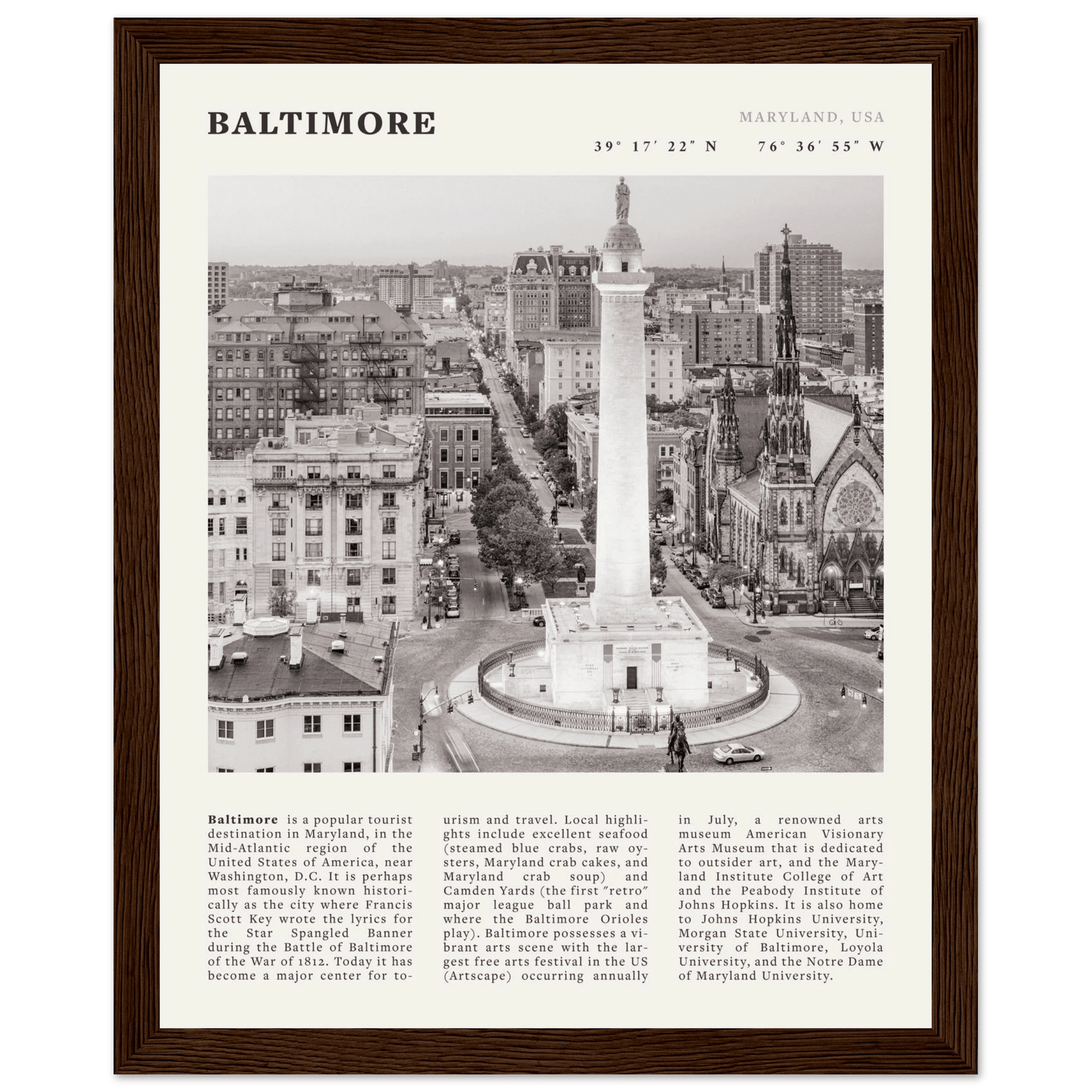 Baltimore Poster | Black & White Maryland City Wall Art | USA Travel Print - Evergreen Posters