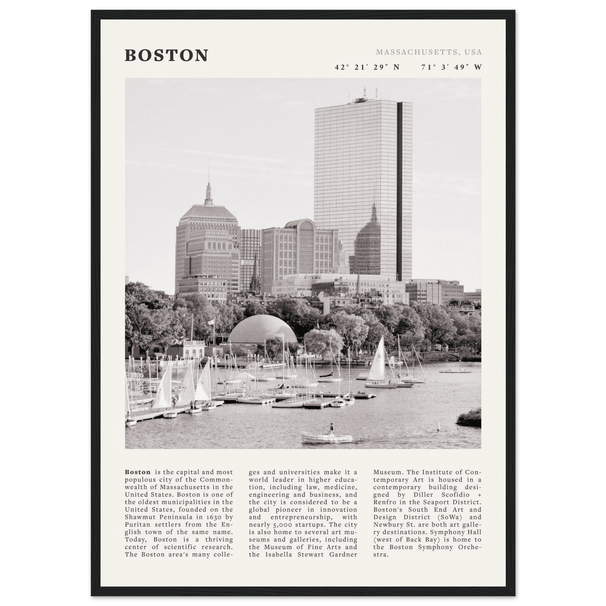 Boston Poster | Black & White Charles River Skyline Wall Art | Massachusetts Print - Evergreen Posters