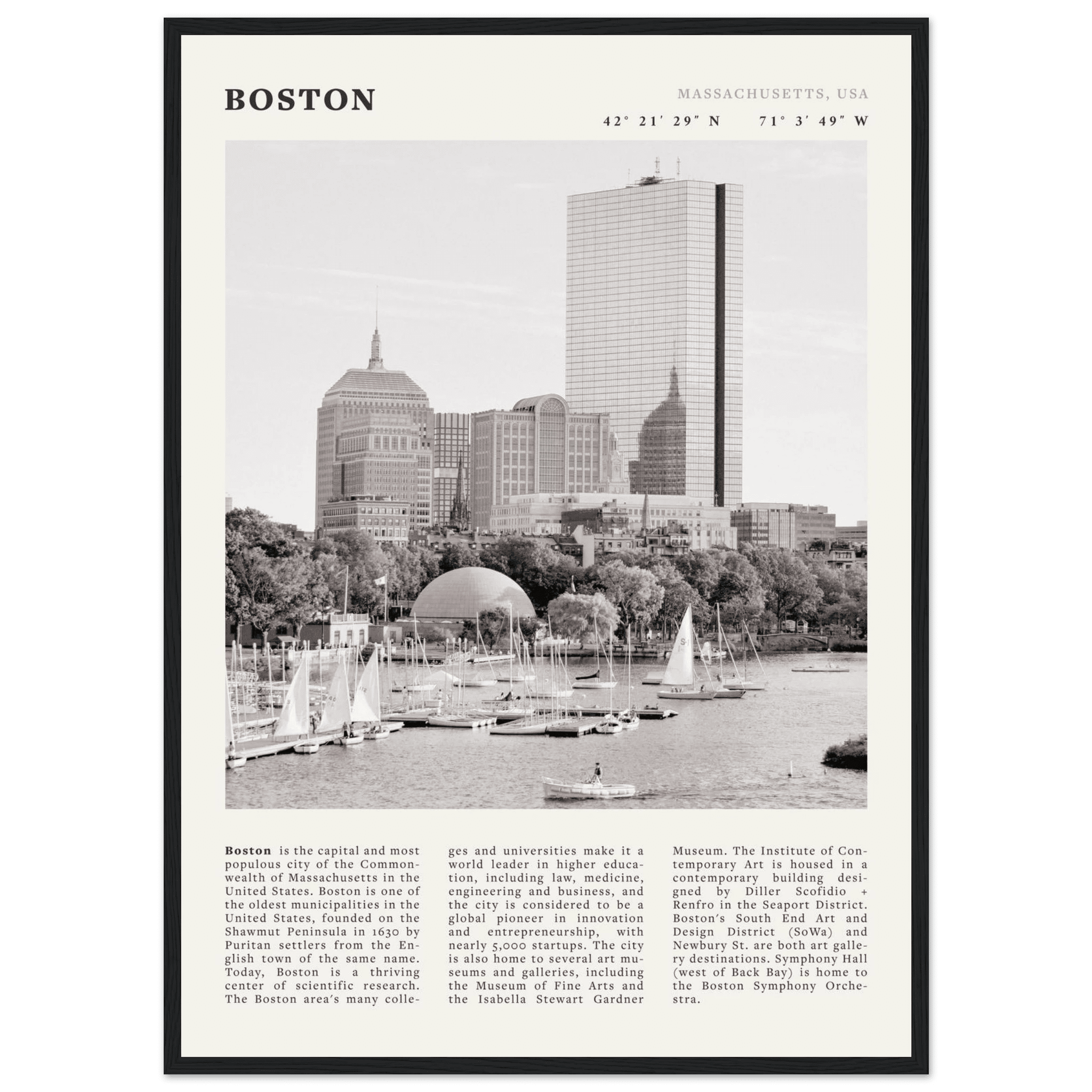 Boston Poster | Black & White Charles River Skyline Wall Art | Massachusetts Print - Evergreen Posters
