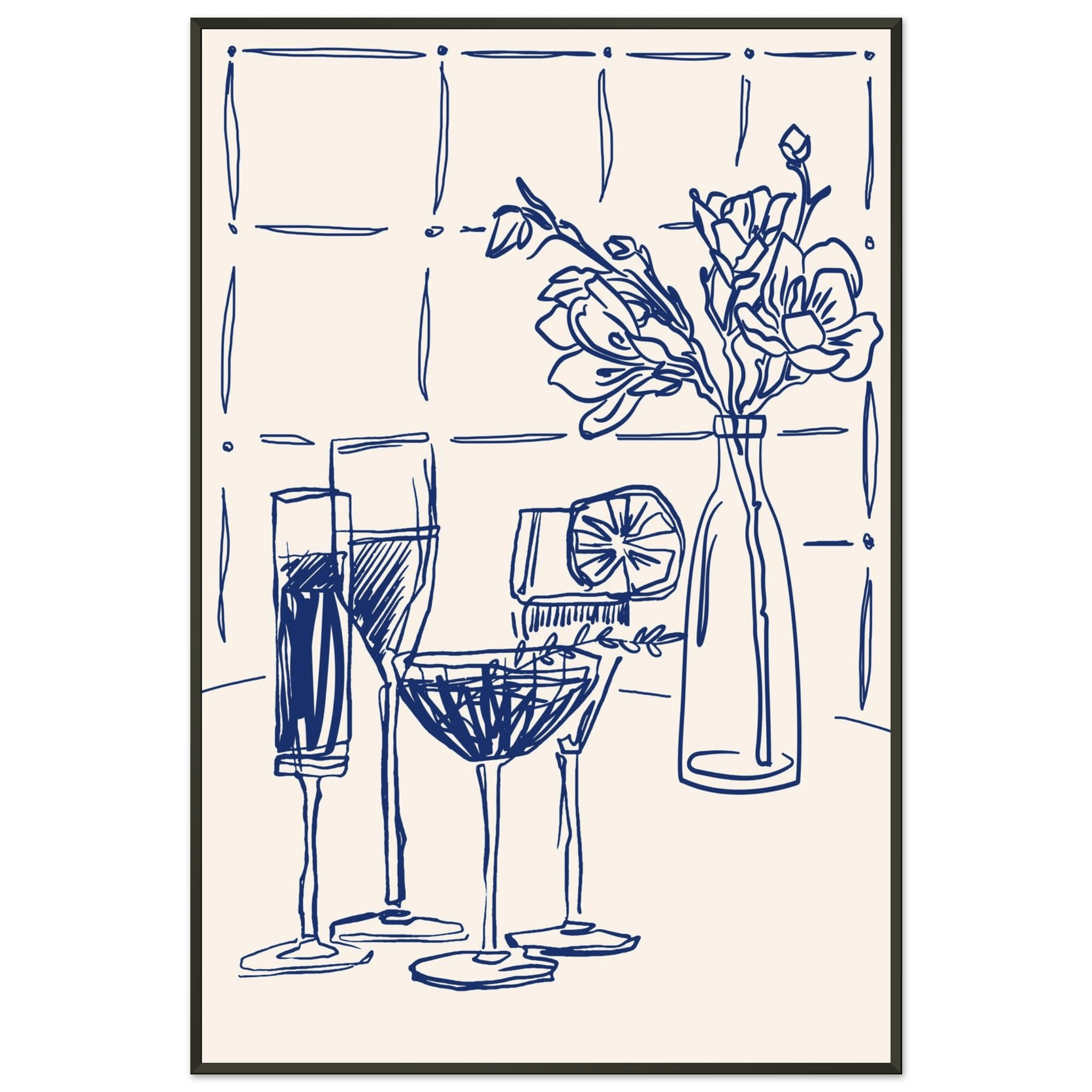 Cocktails & Flowers Print | Navy Blue Line Art Drinks Wall Art | Kitchen Bar Poster - Evergreen Posters