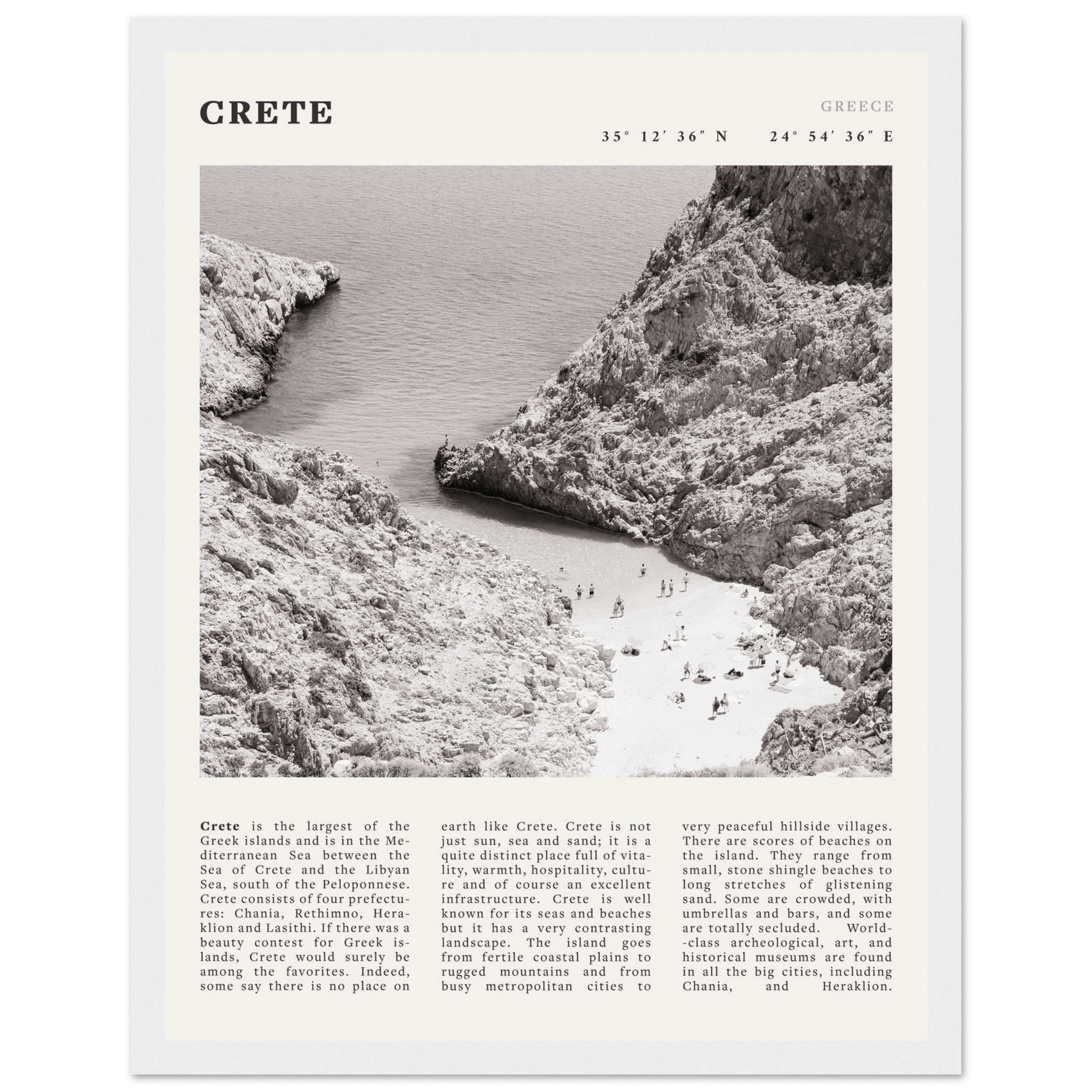 Crete Poster | Black & White Greece Beach Wall Art | Mediterranean Travel Print - Evergreen Posters