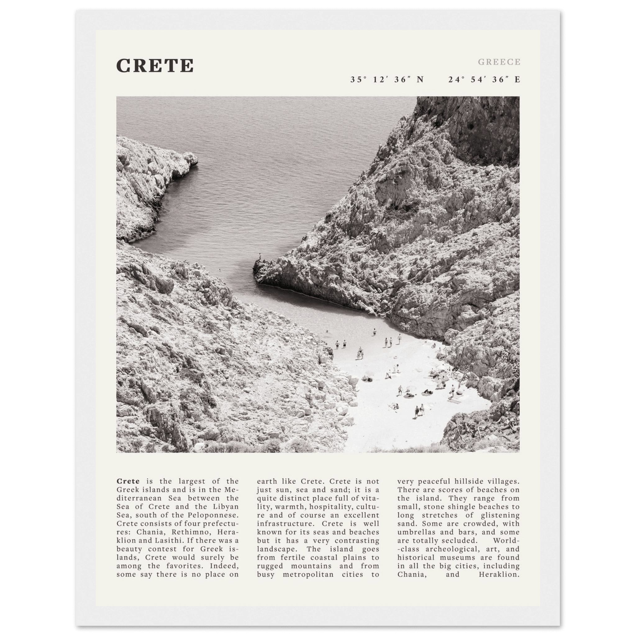 Crete Poster | Black & White Greece Beach Wall Art | Mediterranean Travel Print - Evergreen Posters