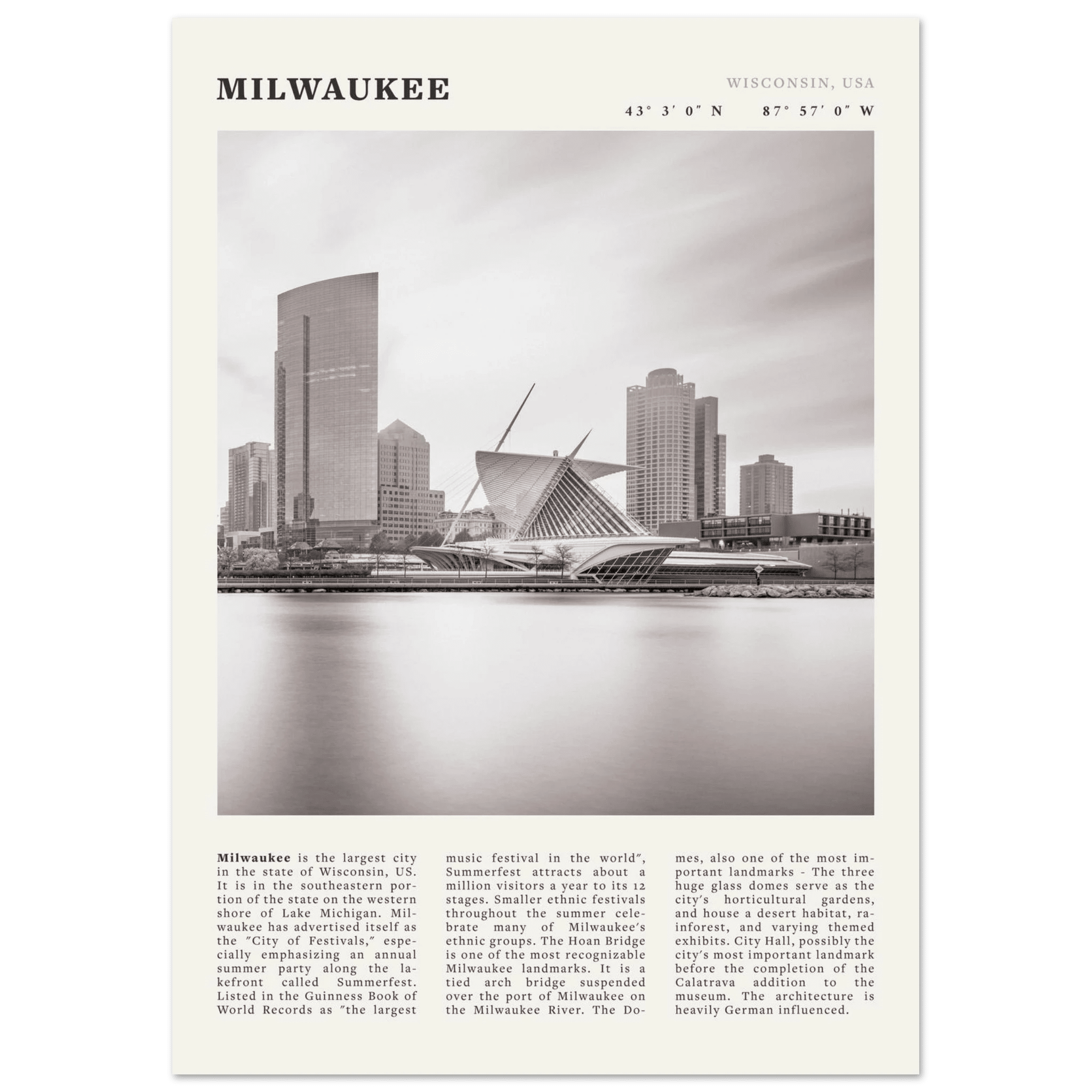 Milwaukee Poster | Black & White Wisconsin City Wall Art | USA Travel Print - Evergreen Posters