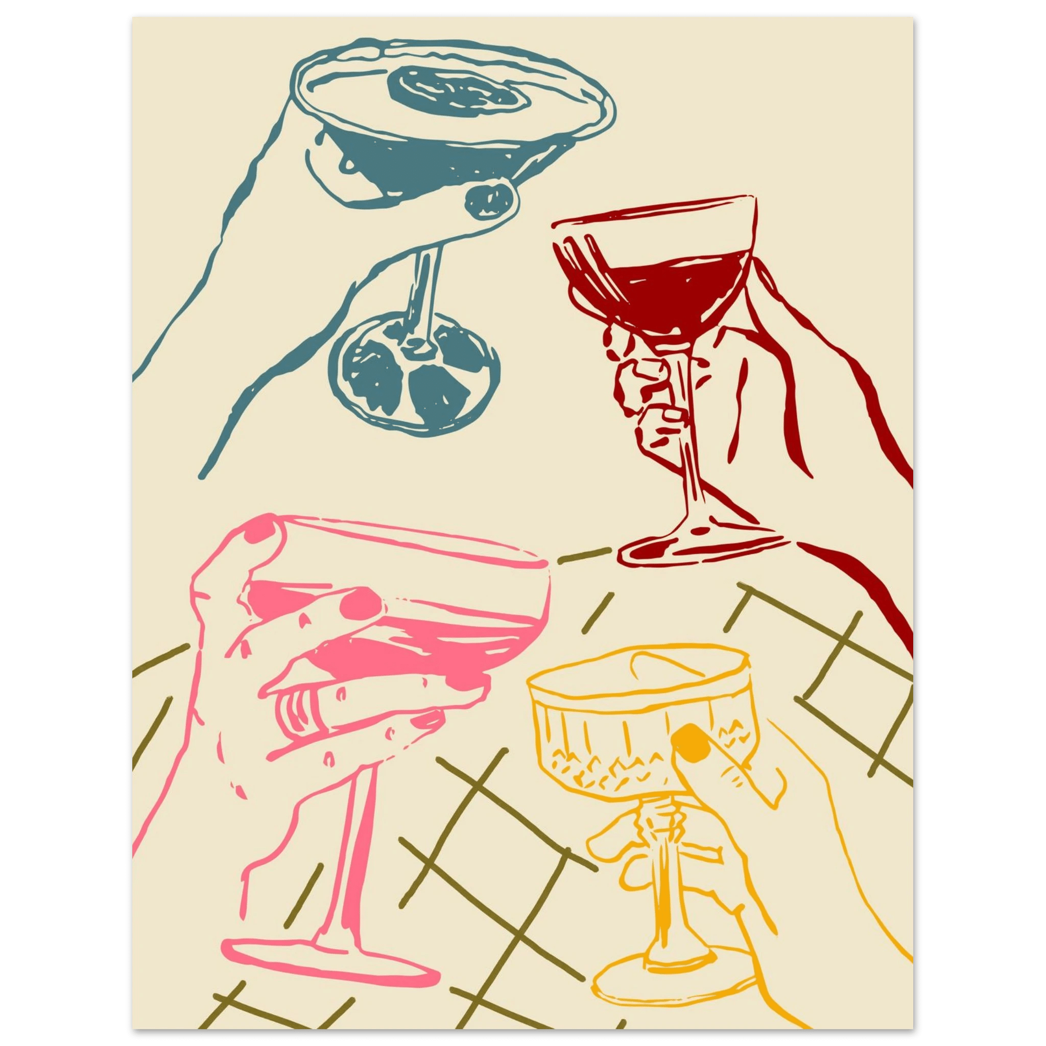 Cheers Print | Colourful Cocktail Glasses Wall Art | Kitchen Bar Poster - Evergreen Posters