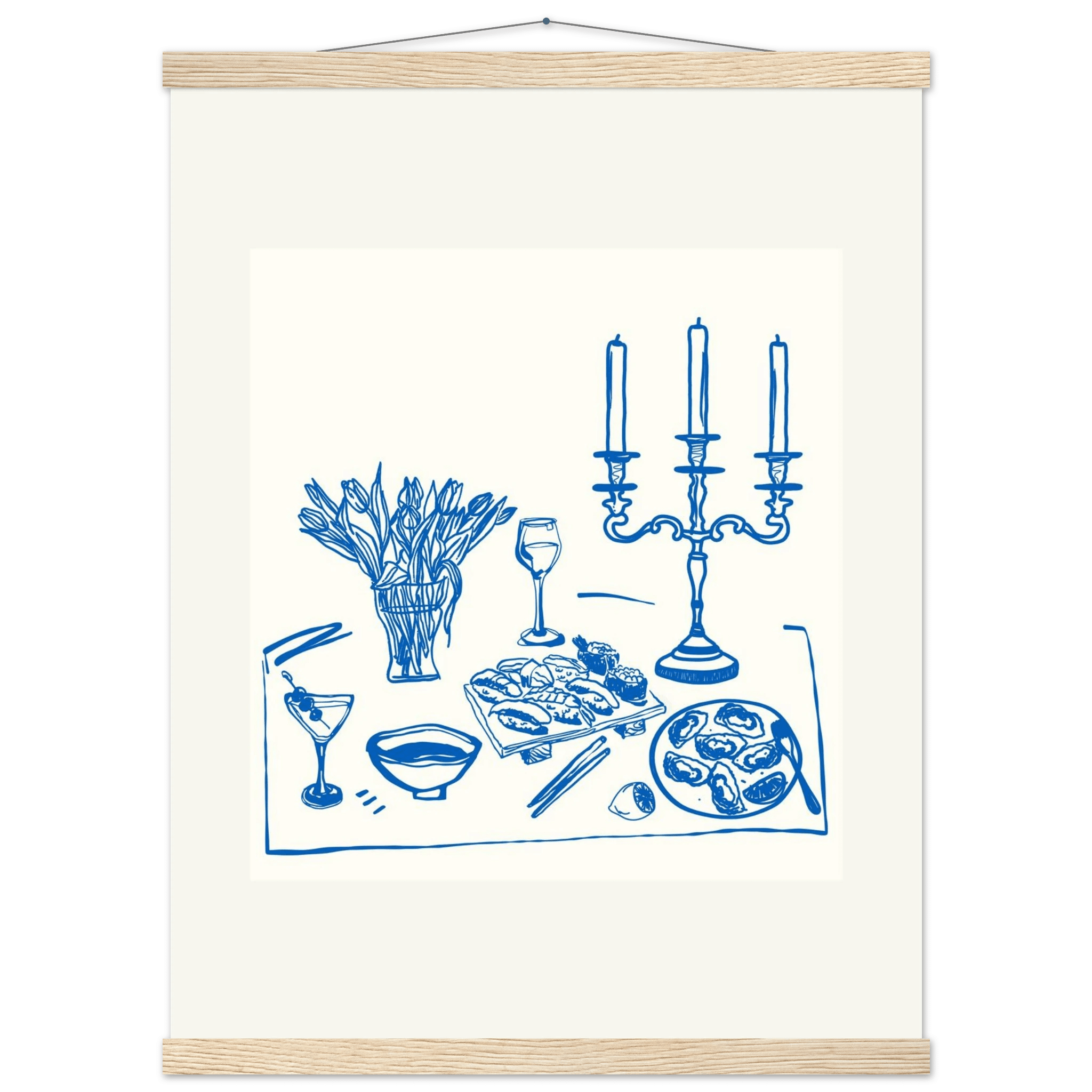 Fine Dining Table Print | Blue Line Art Kitchen Wall Art | Elegant Dining Room Poster - Evergreen Posters