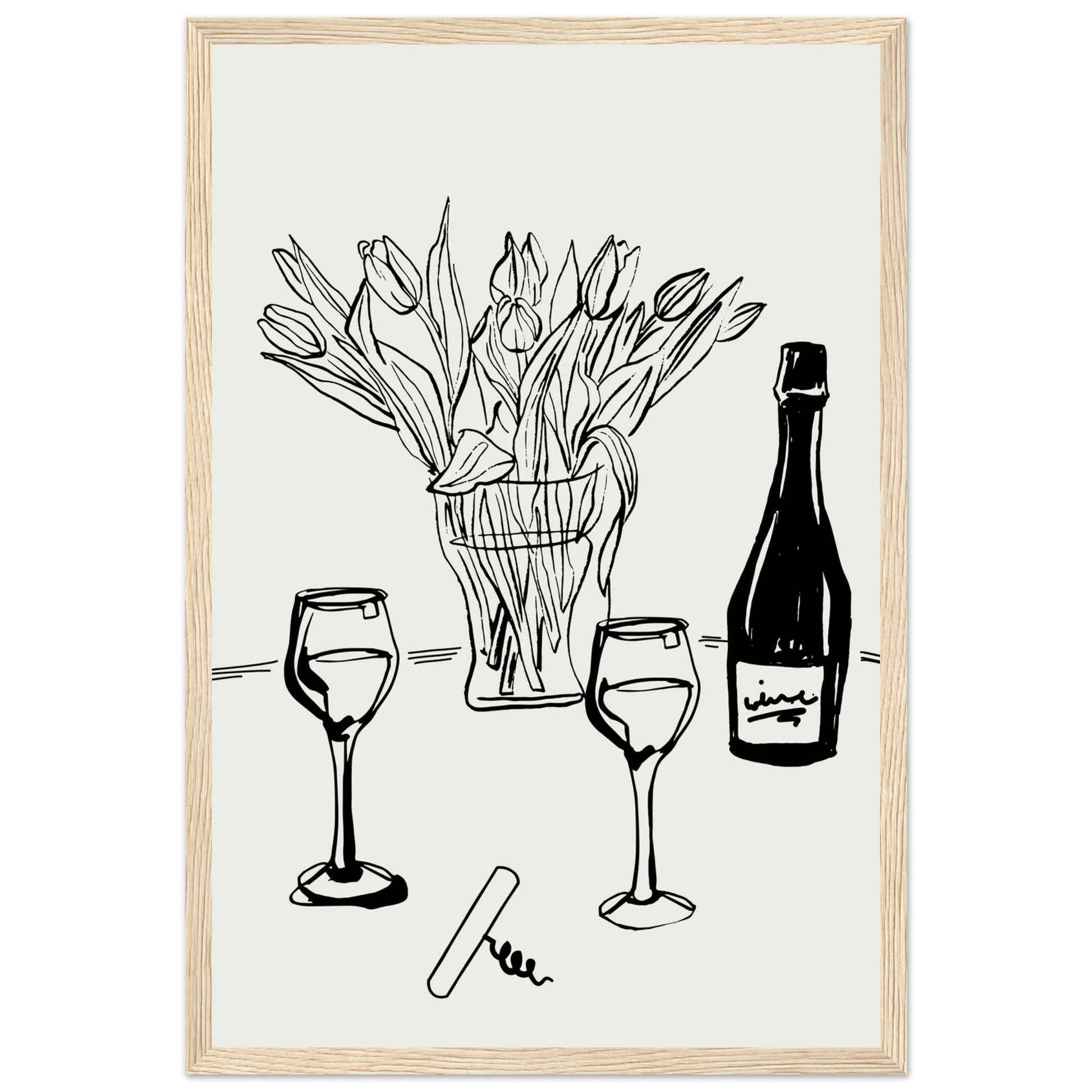 Wine & Tulips Print | Black Line Art Wine Bottle Wall Art | Minimalist Kitchen Poster - Evergreen Posters