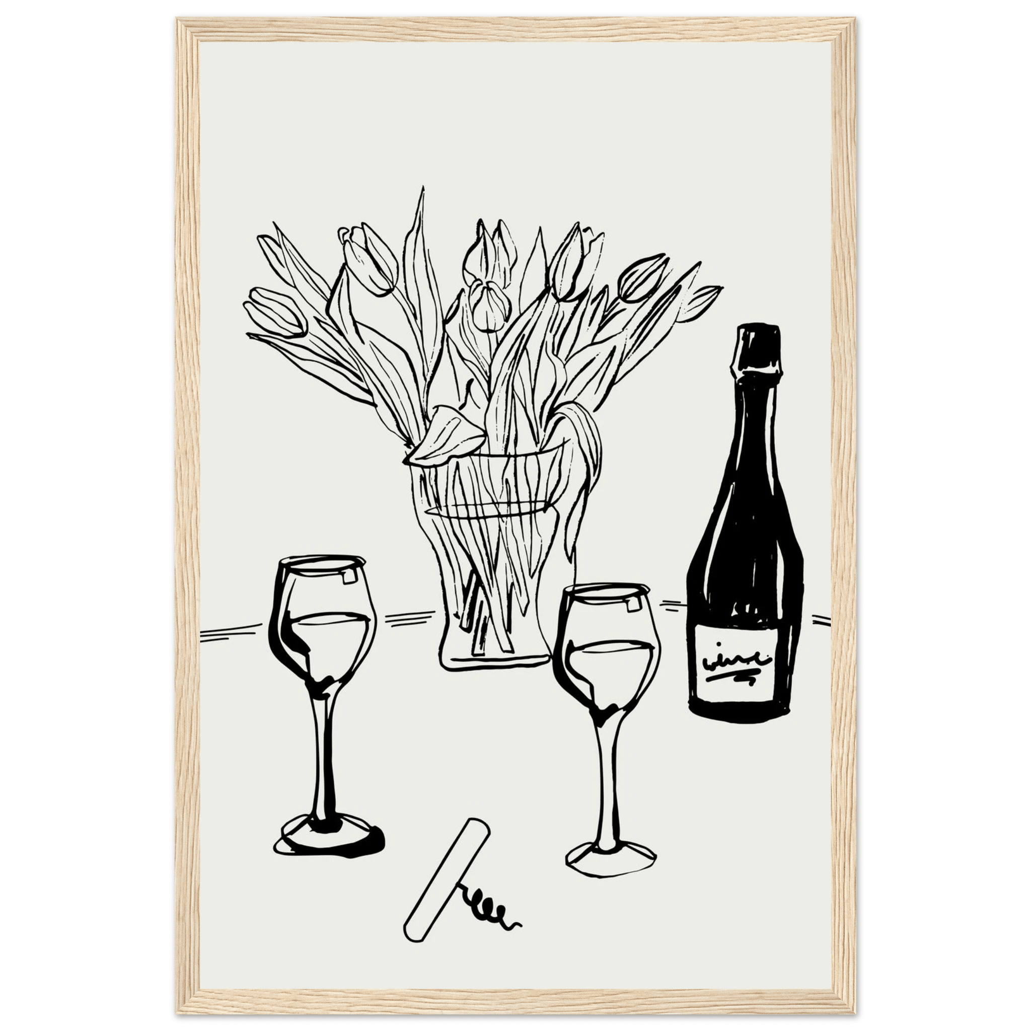 Wine & Tulips Print | Black Line Art Wine Bottle Wall Art | Minimalist Kitchen Poster - Evergreen Posters