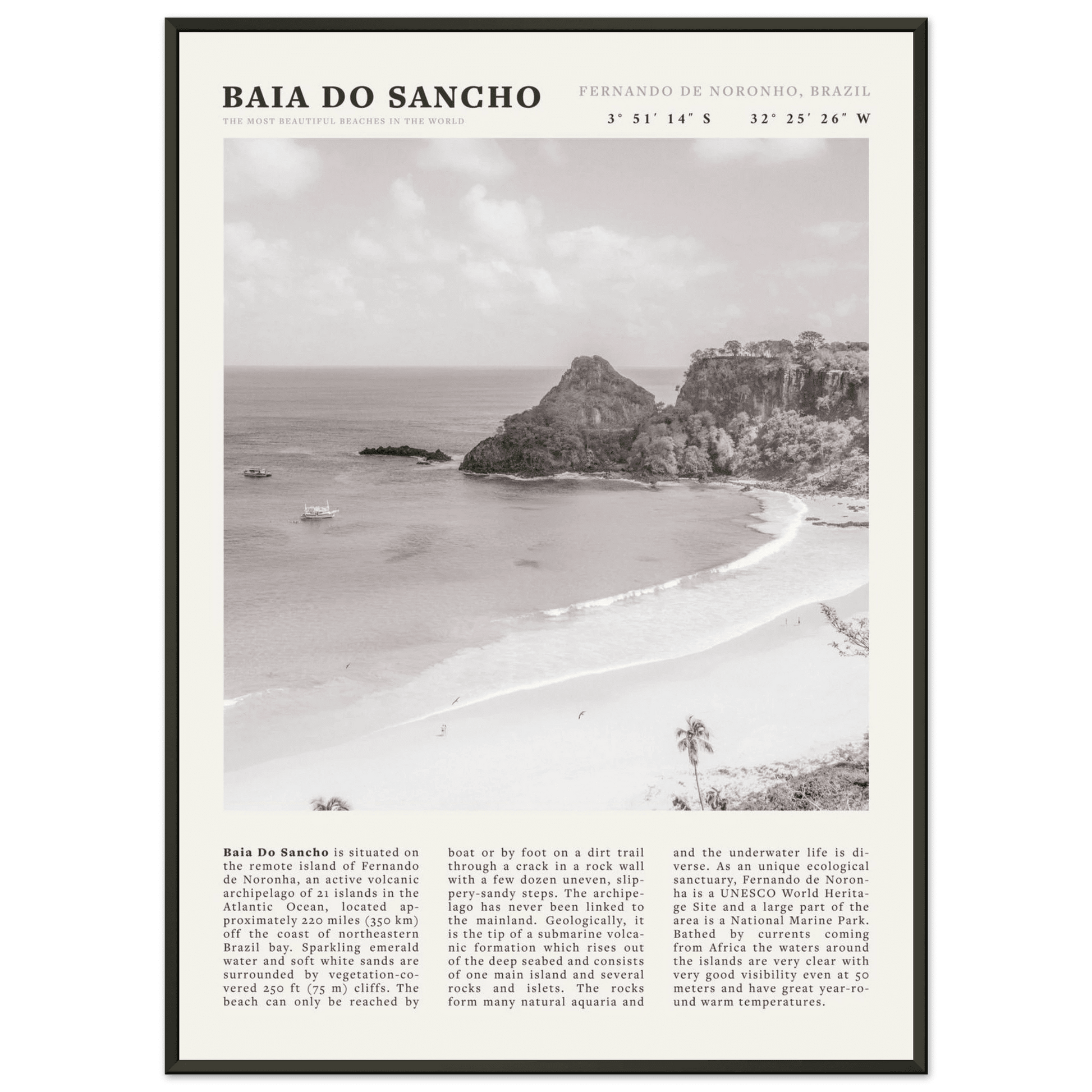 Baia Do Sancho Poster | Black & White Brazil Beach Wall Art | Fernando de Noronha - Evergreen Posters