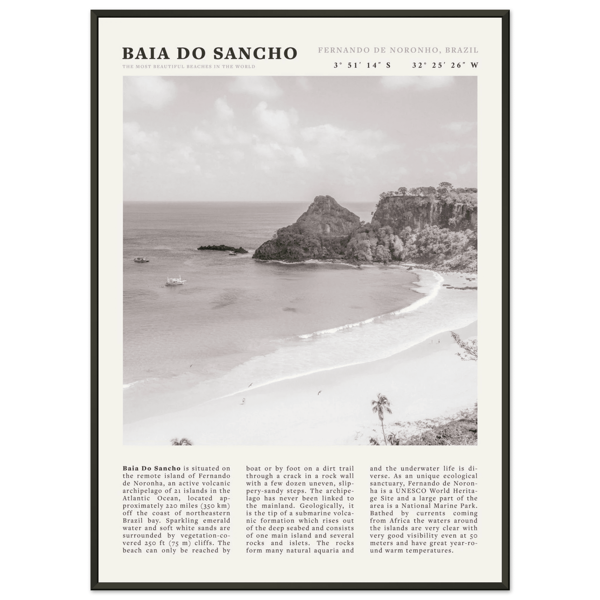 Baia Do Sancho Poster | Black & White Brazil Beach Wall Art | Fernando de Noronha - Evergreen Posters
