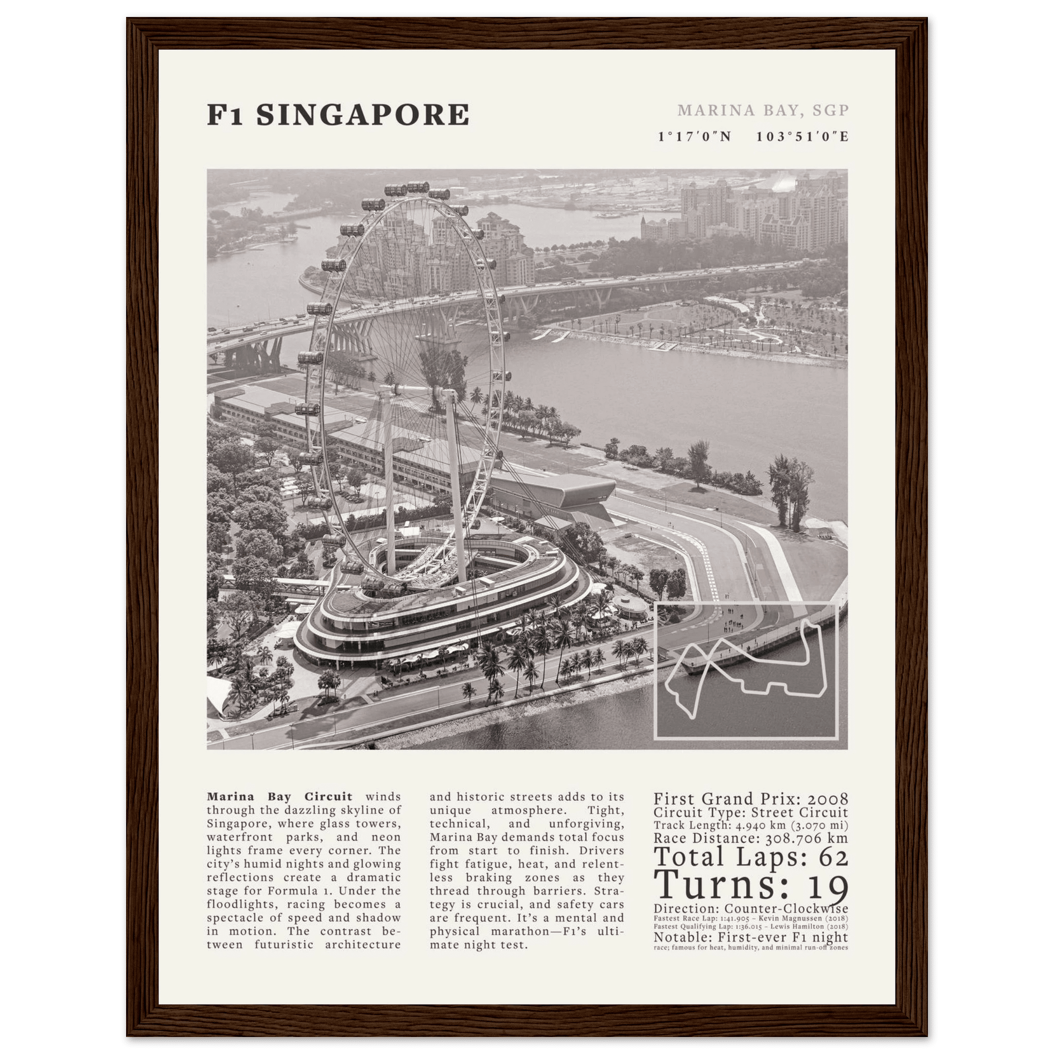 F1 Singapore Poster Black and White – Vintage Marina Bay Night Race Print (Digital & Printed Options) - Evergreen Posters