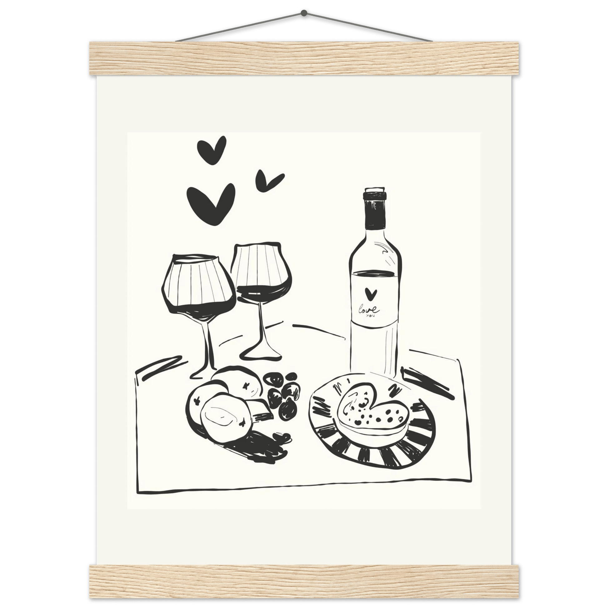 Wine for Two Print | Black Line Art Romantic Kitchen Wall Art | Couples Poster - Evergreen Posters