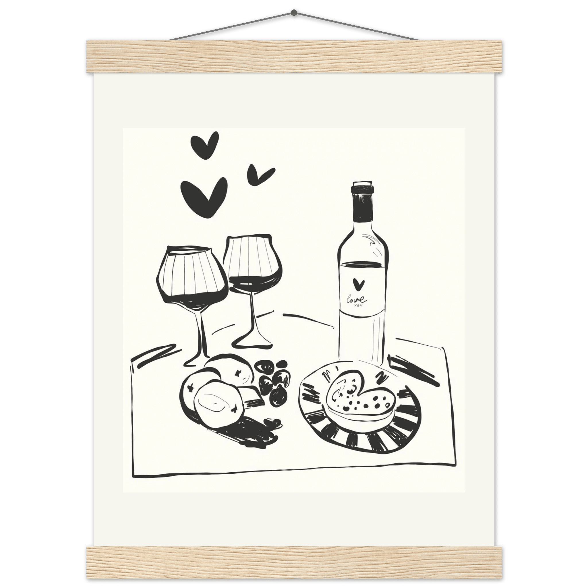 Wine for Two Print | Black Line Art Romantic Kitchen Wall Art | Couples Poster - Evergreen Posters