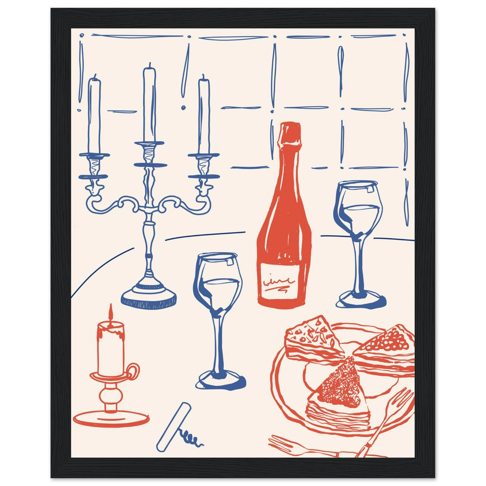 Candlelight Dinner Print | Wine & Candelabra Line Art Wall Art | Kitchen Poster - Evergreen Posters