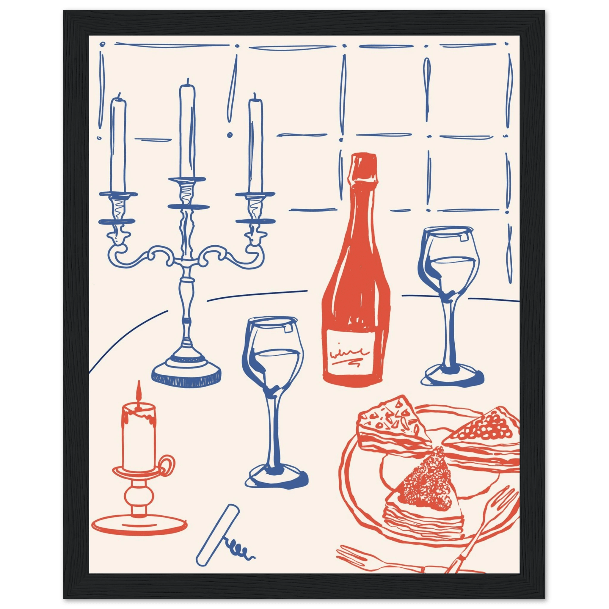 Candlelight Dinner Print | Wine & Candelabra Line Art Wall Art | Kitchen Poster - Evergreen Posters
