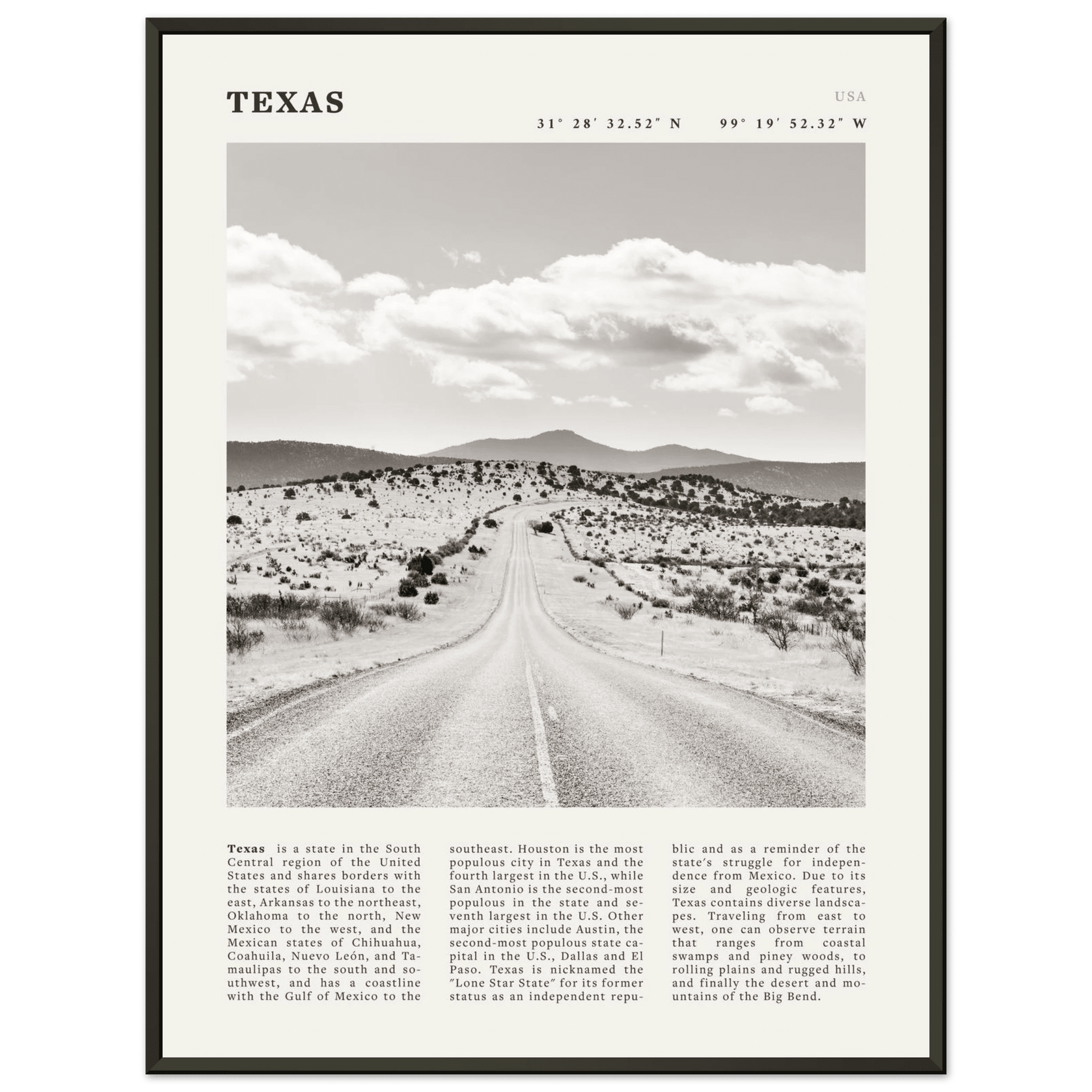 Texas Poster | Black & White Lone Star Road Wall Art | USA Travel Print Decor - Evergreen Posters