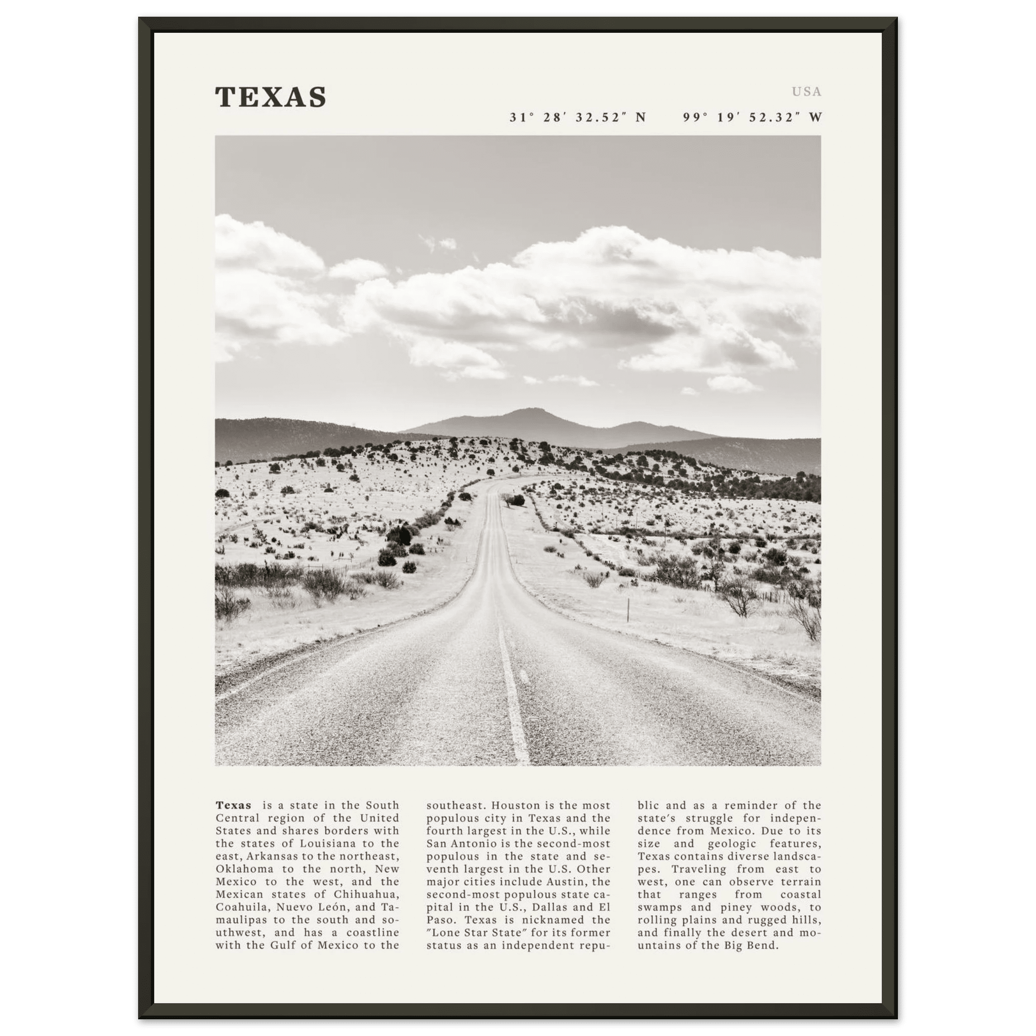 Texas Poster | Black & White Lone Star Road Wall Art | USA Travel Print Decor - Evergreen Posters