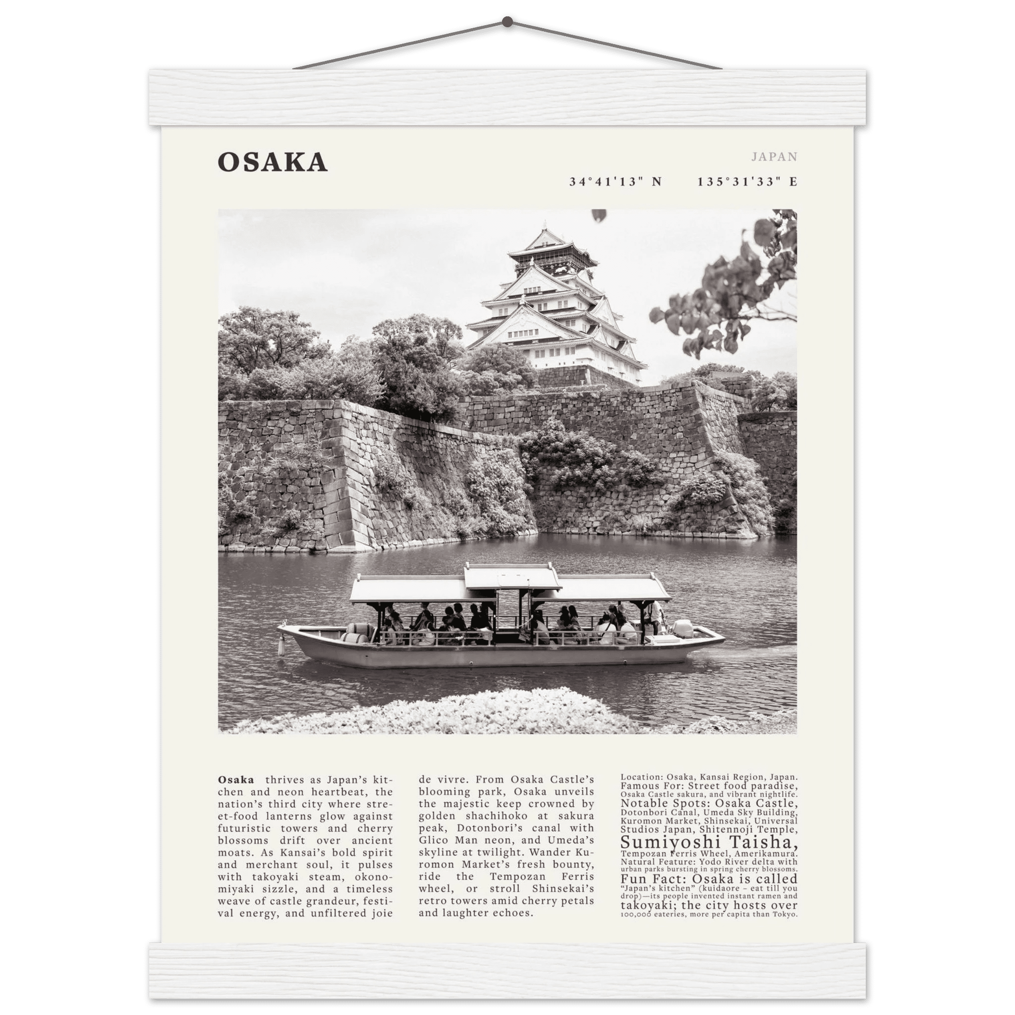 Osaka Poster Black and White – Vintage Osaka Castle Cherry Blossom Print (Digital & Printed Options) - Evergreen Posters