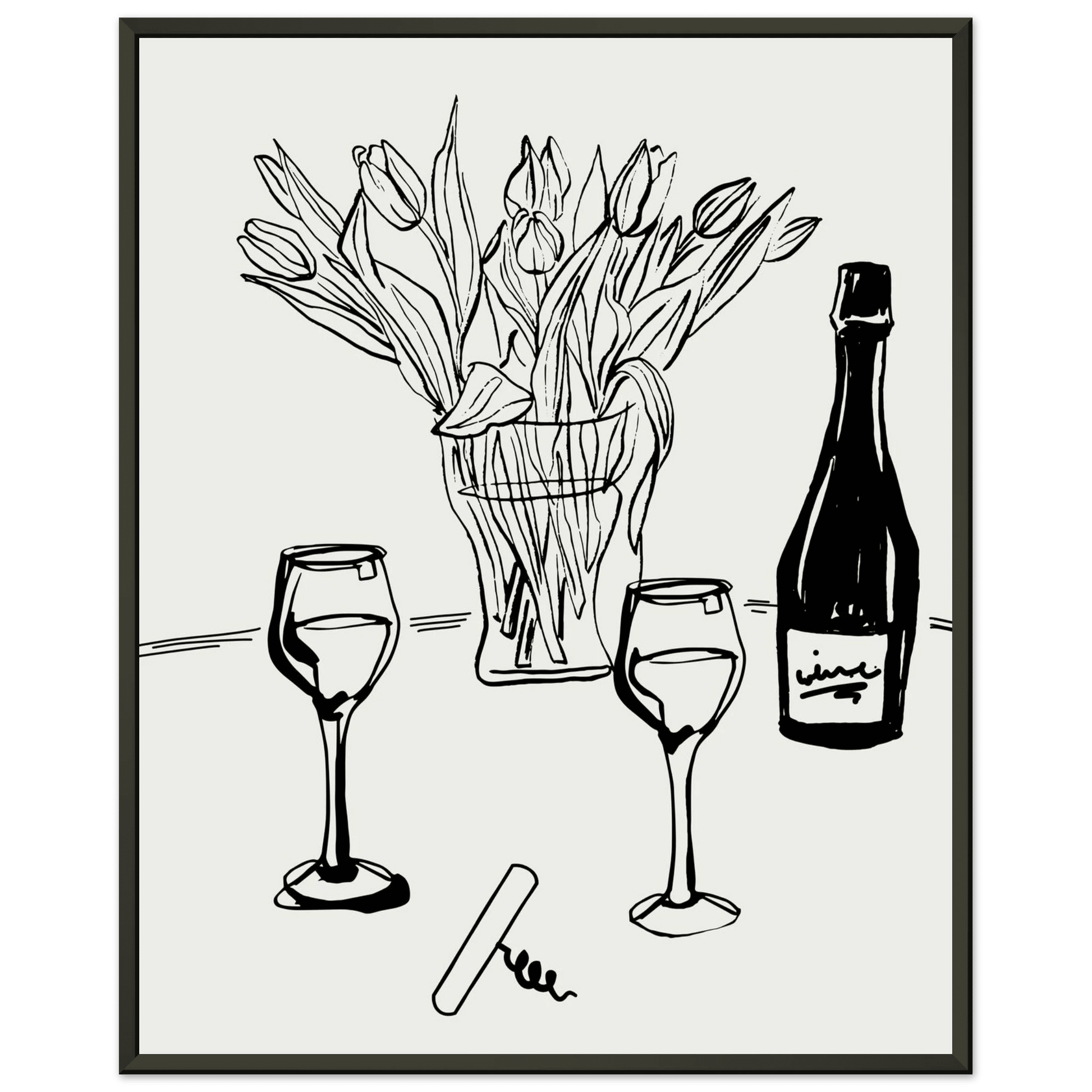 Wine & Tulips Print | Black Line Art Wine Bottle Wall Art | Minimalist Kitchen Poster - Evergreen Posters