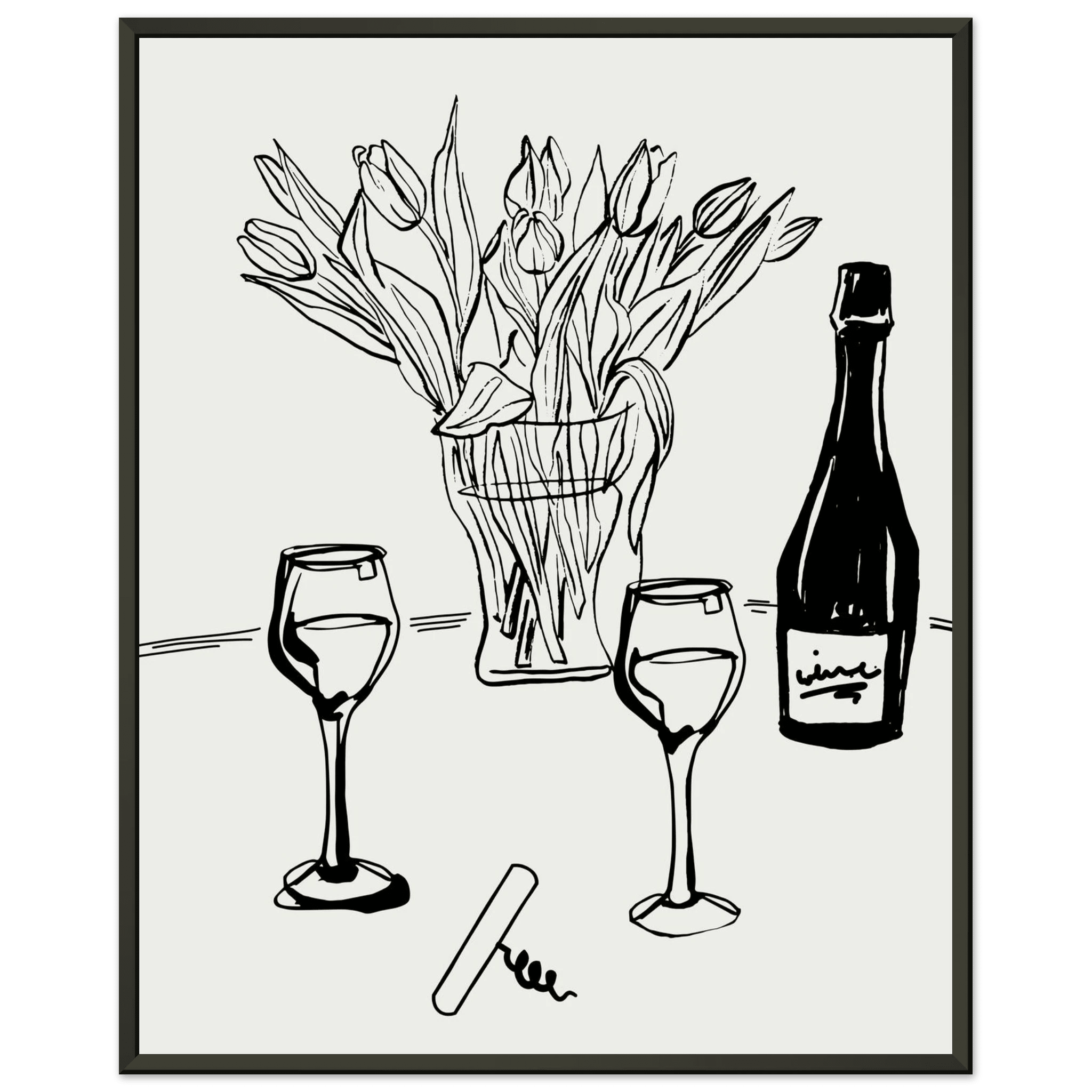 Wine & Tulips Print | Black Line Art Wine Bottle Wall Art | Minimalist Kitchen Poster - Evergreen Posters