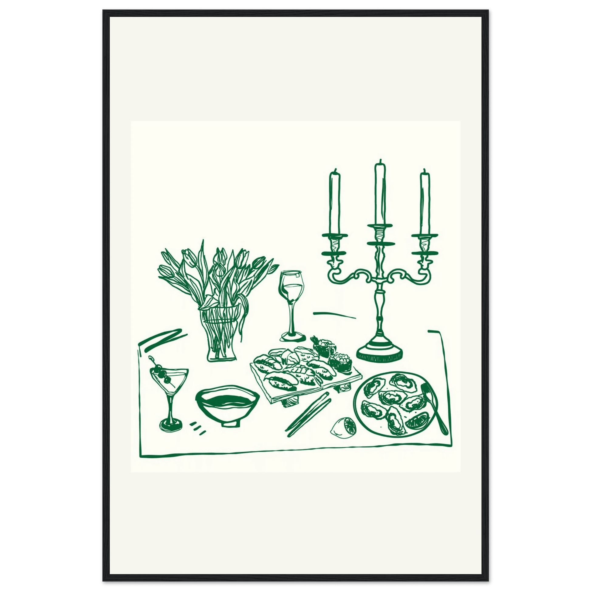 Fine Dining Table Print | Green Line Art Kitchen Wall Art | Elegant Dining Room Poster - Evergreen Posters