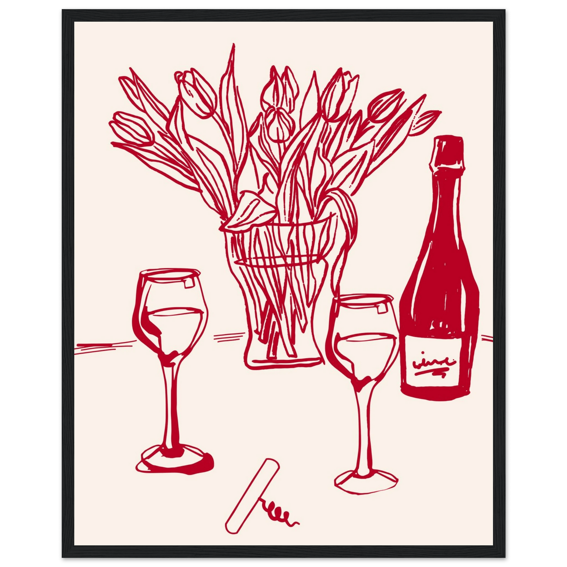 Red Wine & Tulips Print | Line Art Wine Bottle Wall Art | Kitchen Poster - Evergreen Posters
