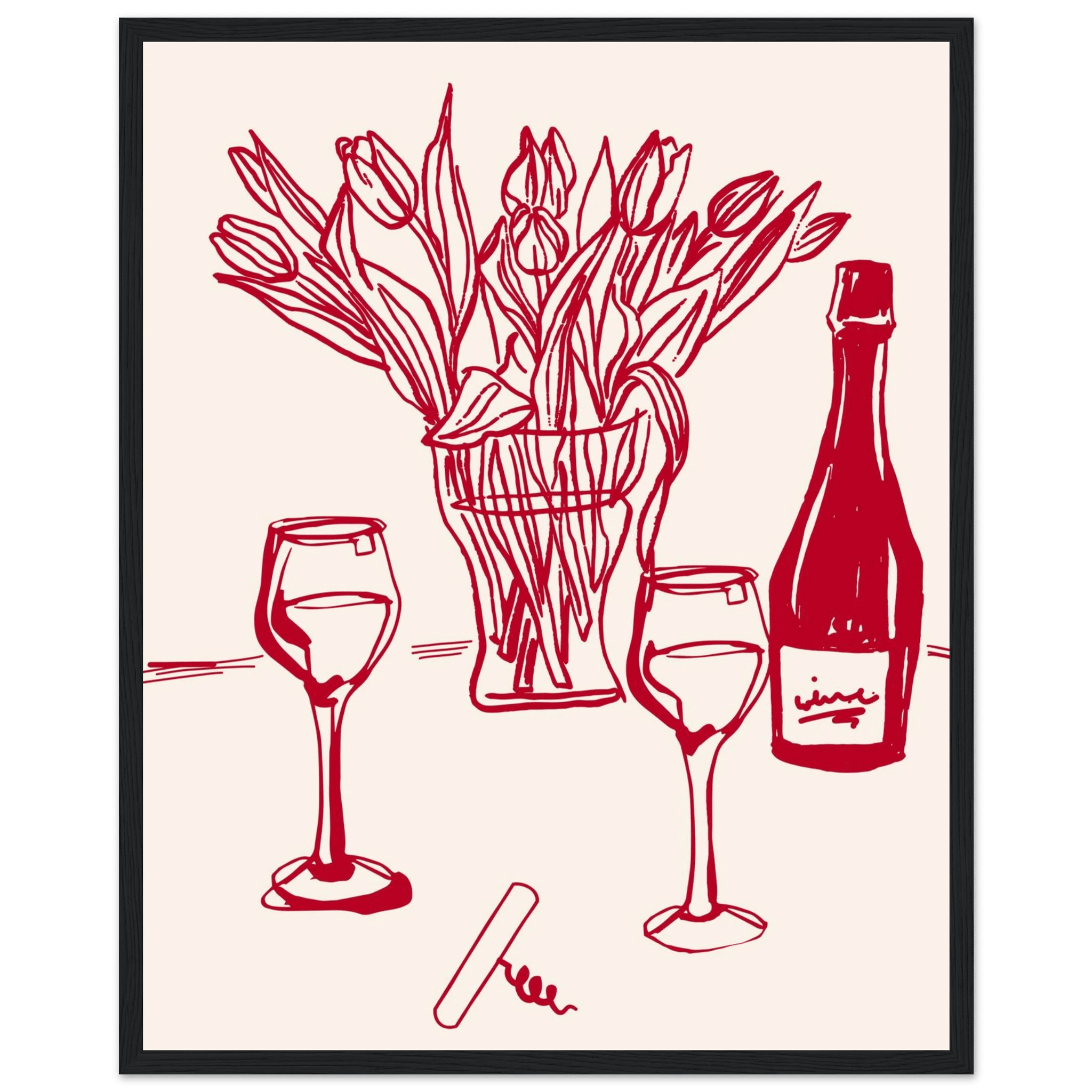 Red Wine & Tulips Print | Line Art Wine Bottle Wall Art | Kitchen Poster - Evergreen Posters