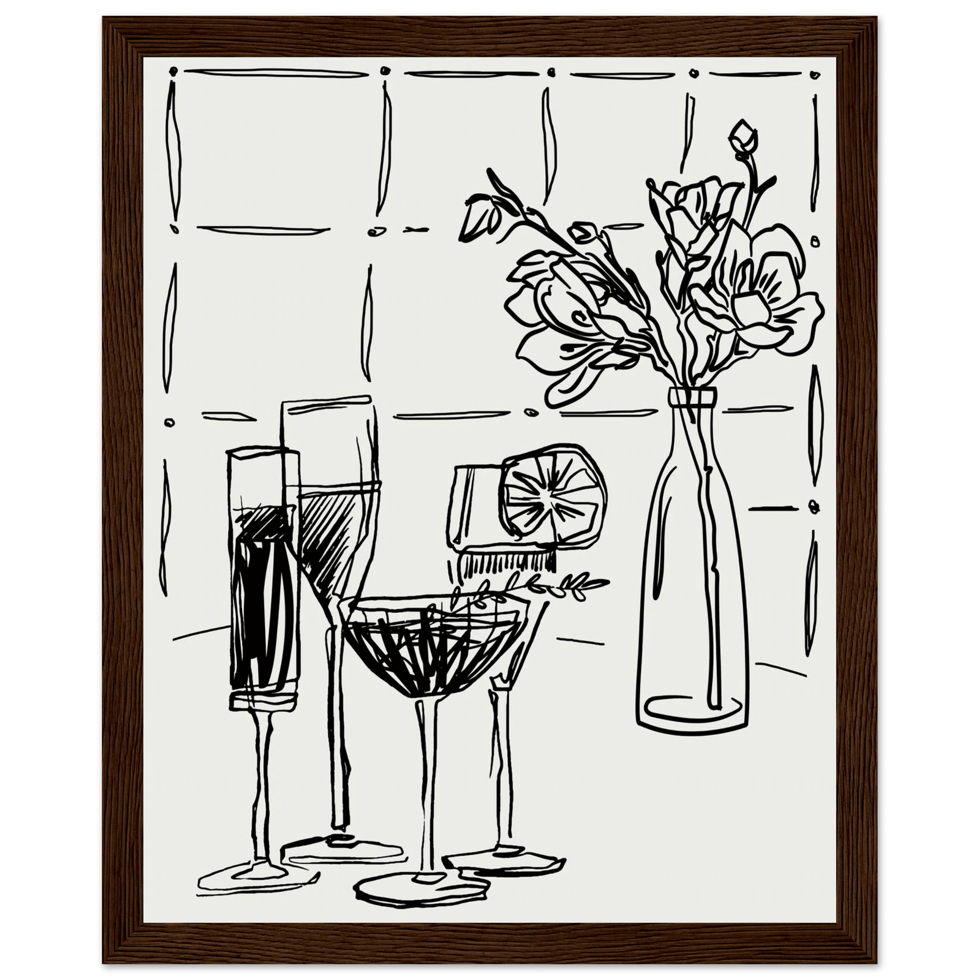 Cocktails & Flowers Print | Black Line Art Drinks Wall Art | Kitchen Bar Poster - Evergreen Posters