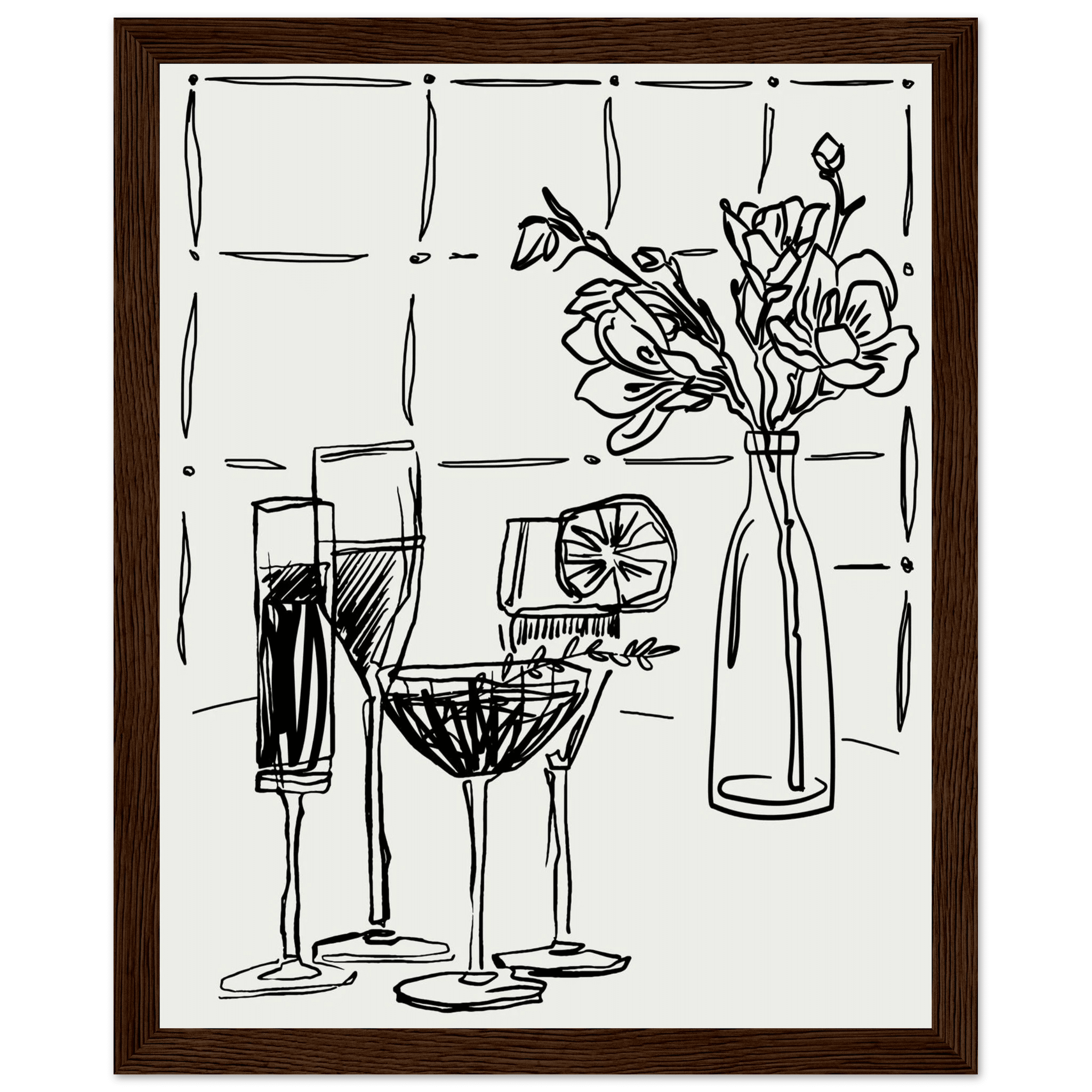 Cocktails & Flowers Print | Black Line Art Drinks Wall Art | Kitchen Bar Poster - Evergreen Posters
