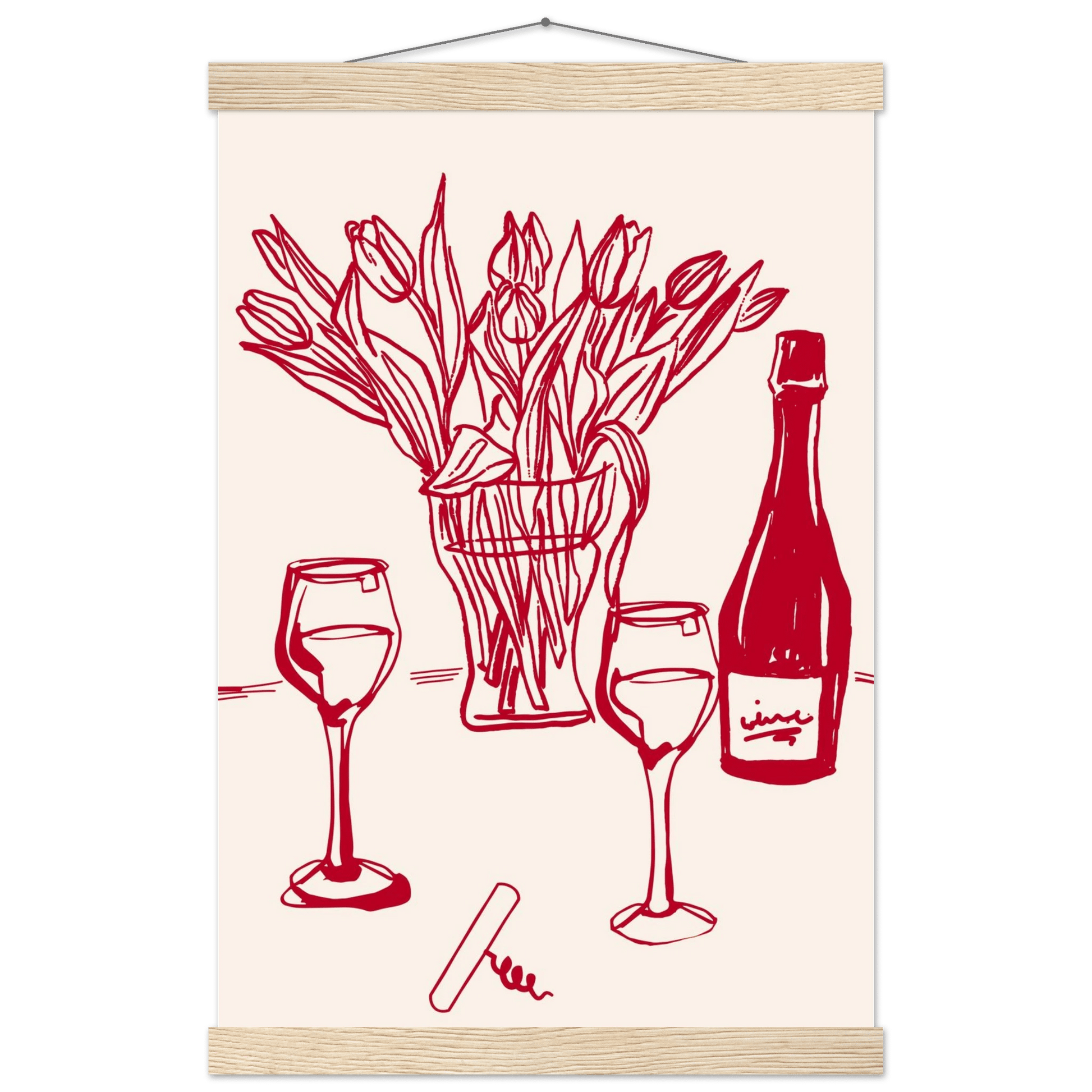 Red Wine & Tulips Print | Line Art Wine Bottle Wall Art | Kitchen Poster - Evergreen Posters